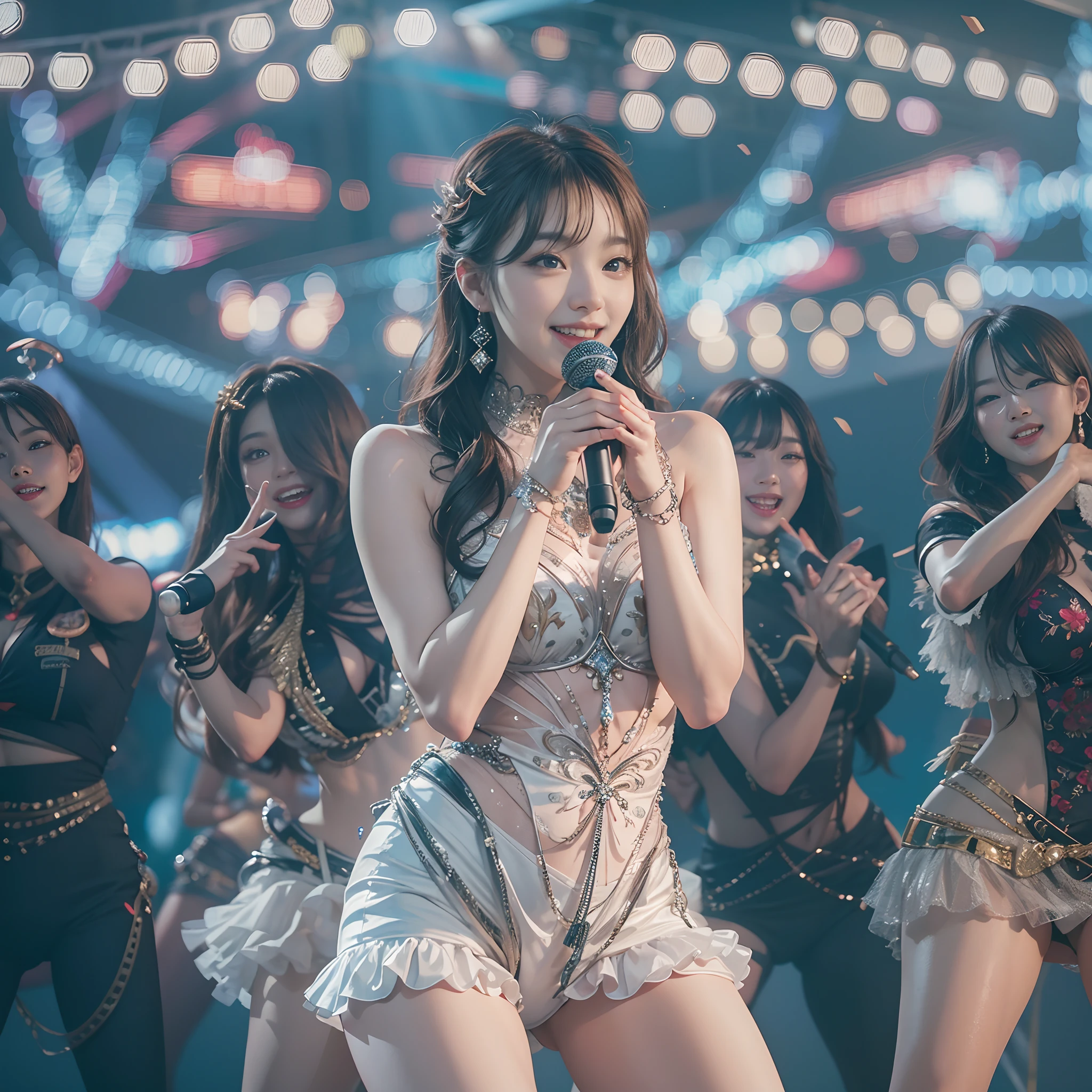 8k, highest quality, high resolution, realistic, real person, live stage with a large audience, one girl, young and cute korean idol, ((KARA)), big, long and beautiful legs, dancing violently in various poses while smiling on stage, holding microphone in hand, revealing gorgeous costume, beautiful light up