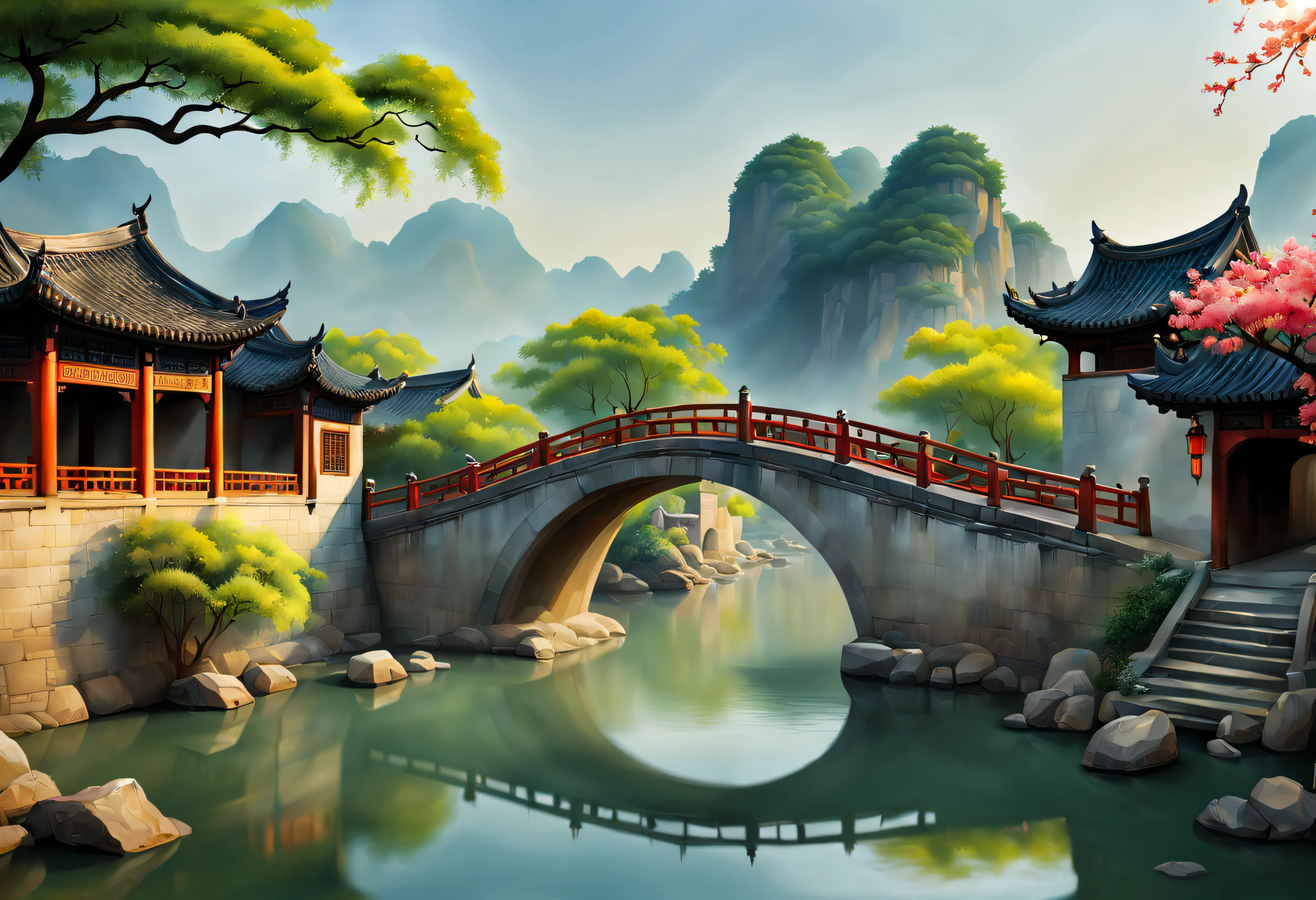 （vibrant with colors）, （Semi-realistic）, Vibrant riverside scenery in ancient China, (Tranquil river water)Show on the(Elegant arch bridge)oblivion, (Local villagers)'s(Picturesque residence), （Depictions of the Ming Dynasty：1.1）, Jiangnan Ancient Town, Small bridges and flowing water, Quiet farmland outside the bustling city, （Sunny morning:1.2）, （fine brushwork：1.1）, Dynamic depiction, Panorama of the water's edge, authentic atmosphere, Vivid authenticity, mesmerizing charm, rich pictures, 8K分辨率, 1.4x realism, art-deco, projected inset, Sony FE GM, Wide-angle, Super detail, Best quality, A high resolution