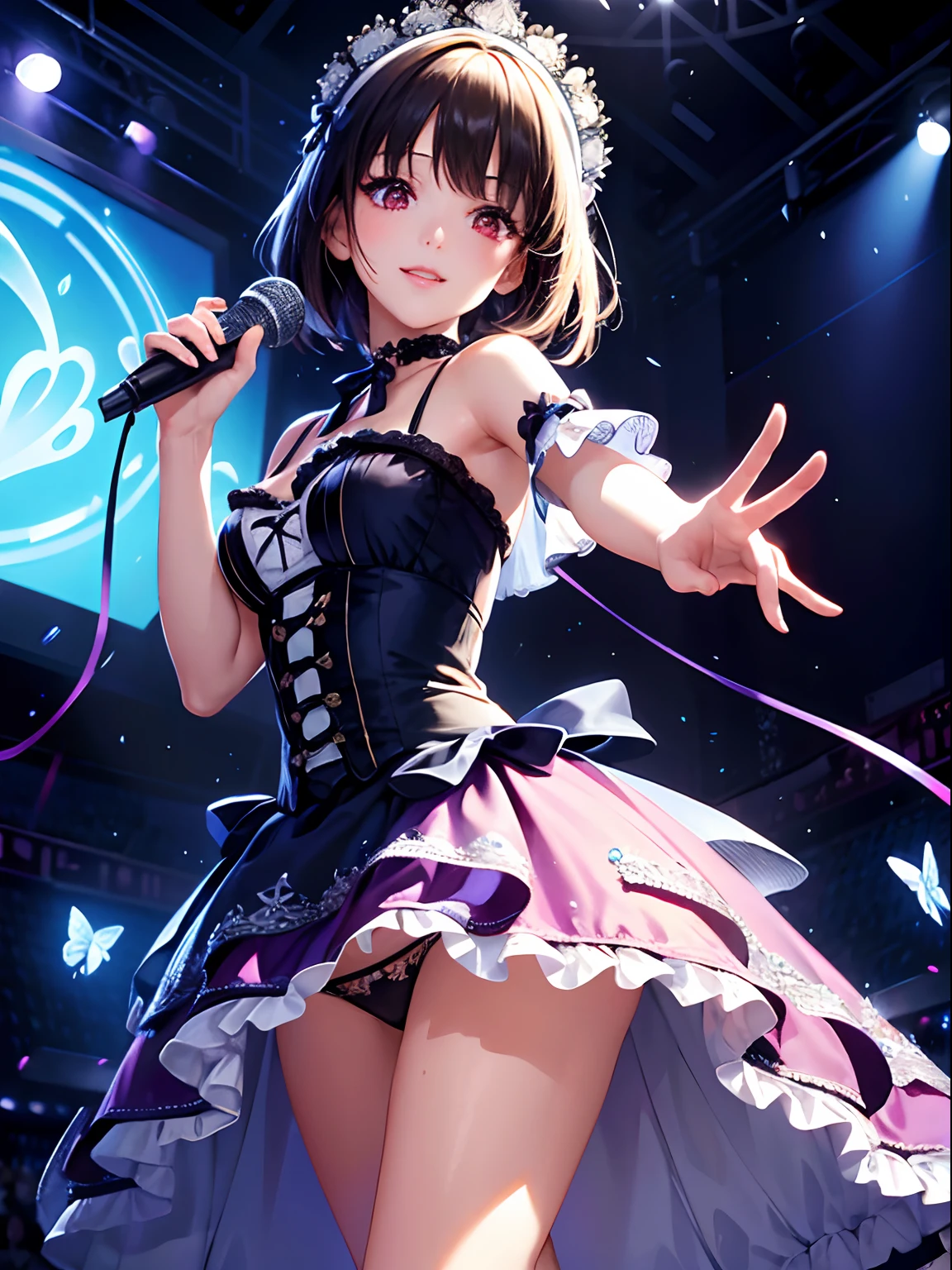 Illustration, movie light, high resolution, best quality, ultra detailed, detailed face, (detailed eyes), highest quality, super detail, masterpiece, (detailed face), pretty face, best smile, sexy mature woman, transparent (ta fashion: 1.5) cloth, ultra detailed embroidery, floating cloth, see-through, choker, open cross, NSFW, high heels, red eyes, neon small shiny hair ends, D cups, cleavage, AI fantasy concert, glowing lighting with neon details, (singing holding the microphone with left hand: 15), Singing with butt sticking out: 5, Idol, (Live stage: 1.15) To the packed audience in the background, reflection of light, heart-shaped iris, playful eyes, open shoulders, rain, (wet body), small glowing butterflies, hair jewelry, panties, ( Cute white string panties with ultra-detailed embroidered ribbon)
