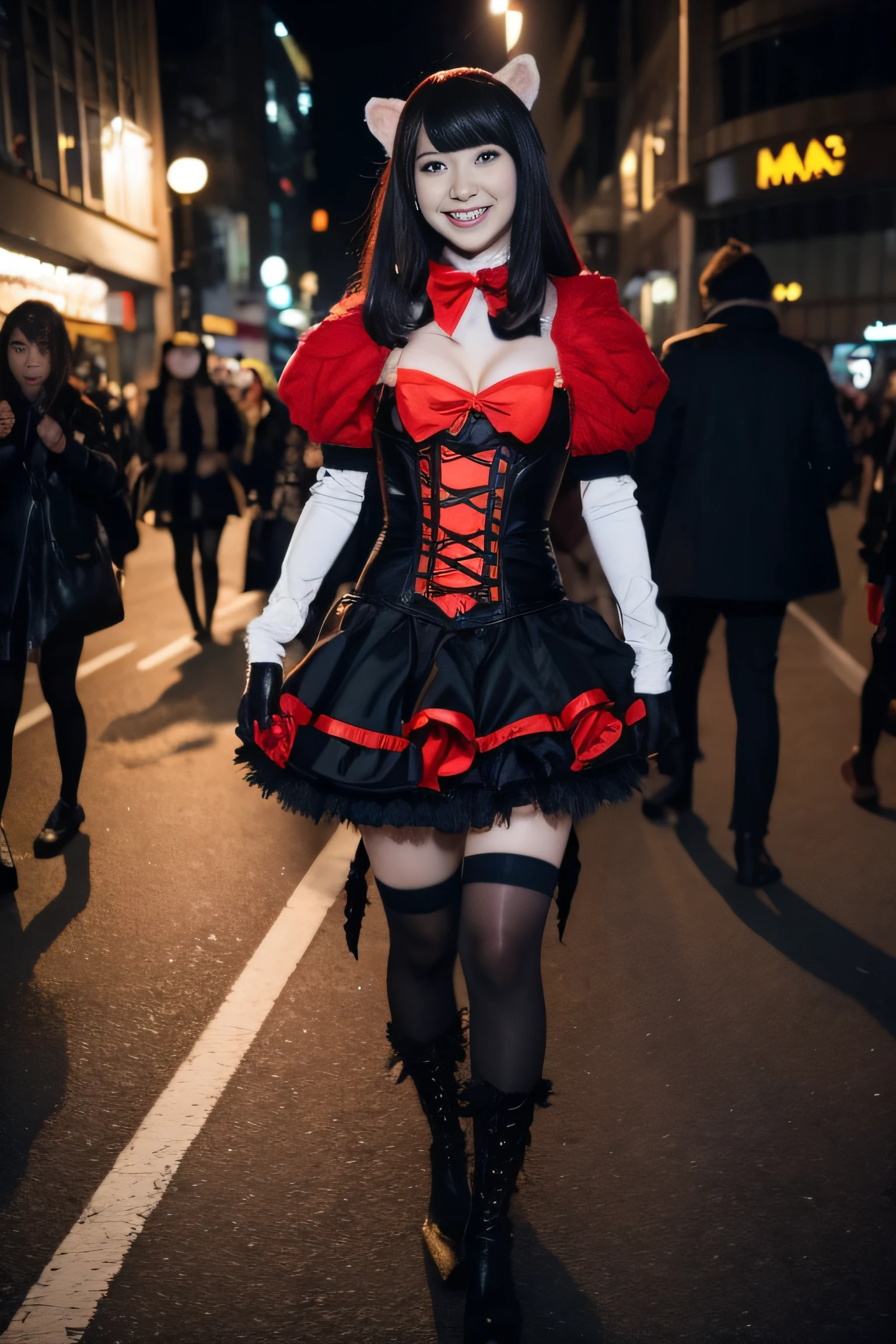 One woman is walking the streets of Shibuya in Halloween cosplay Looking at the camera and smiling