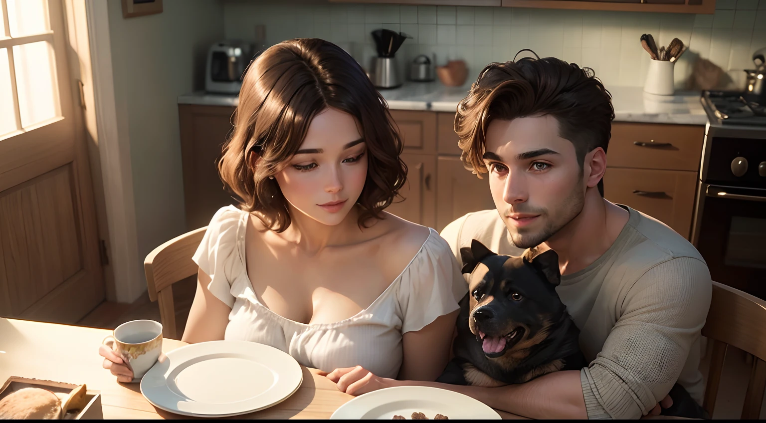 (Woman and puppy) (Beautiful delicate eyes and lips), (Best Quality, high resolucion, Masterpiece:1.2), Ultra-detailed, realisitic, Photorealistic:1.37, portrait of a, (The woman is) Baking cookies in a sunny kitchen, The plate is filled with green square cookies. (She is) He is smiling at the dog. (She) Naughty pet puppies are together. The puppy had brown fur. The woman has short hair.. Woman is wearing a shirt. There is a coffee bag on the table