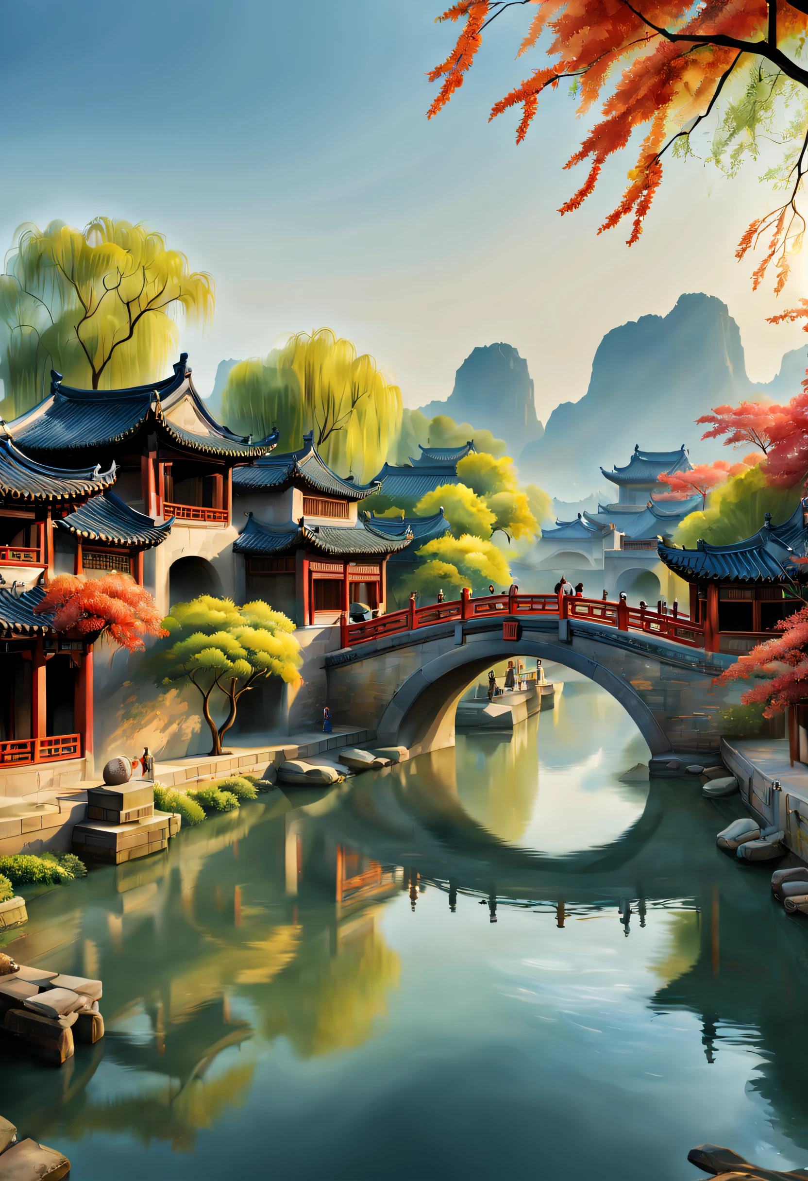（vibrant with colors）, （Semi-realistic）, Vibrant riverside scenery in ancient China, (Tranquil river water)Show on the(Elegant arch bridge)oblivion, (Local villagers)'s(Picturesque residence), （Depictions of the Ming Dynasty：1.1）, Jiangnan Ancient Town, Small bridges and flowing water, Quiet farmland outside the bustling city, （Sunny morning:1.2）, （fine brushwork：1.1）, Dynamic depiction, Panorama of the water's edge, authentic atmosphere, Vivid authenticity, mesmerizing charm, rich pictures, 8K分辨率, 1.4x realism, art-deco, projected inset, Sony FE GM, Wide-angle, Super detail, Best quality, A high resolution