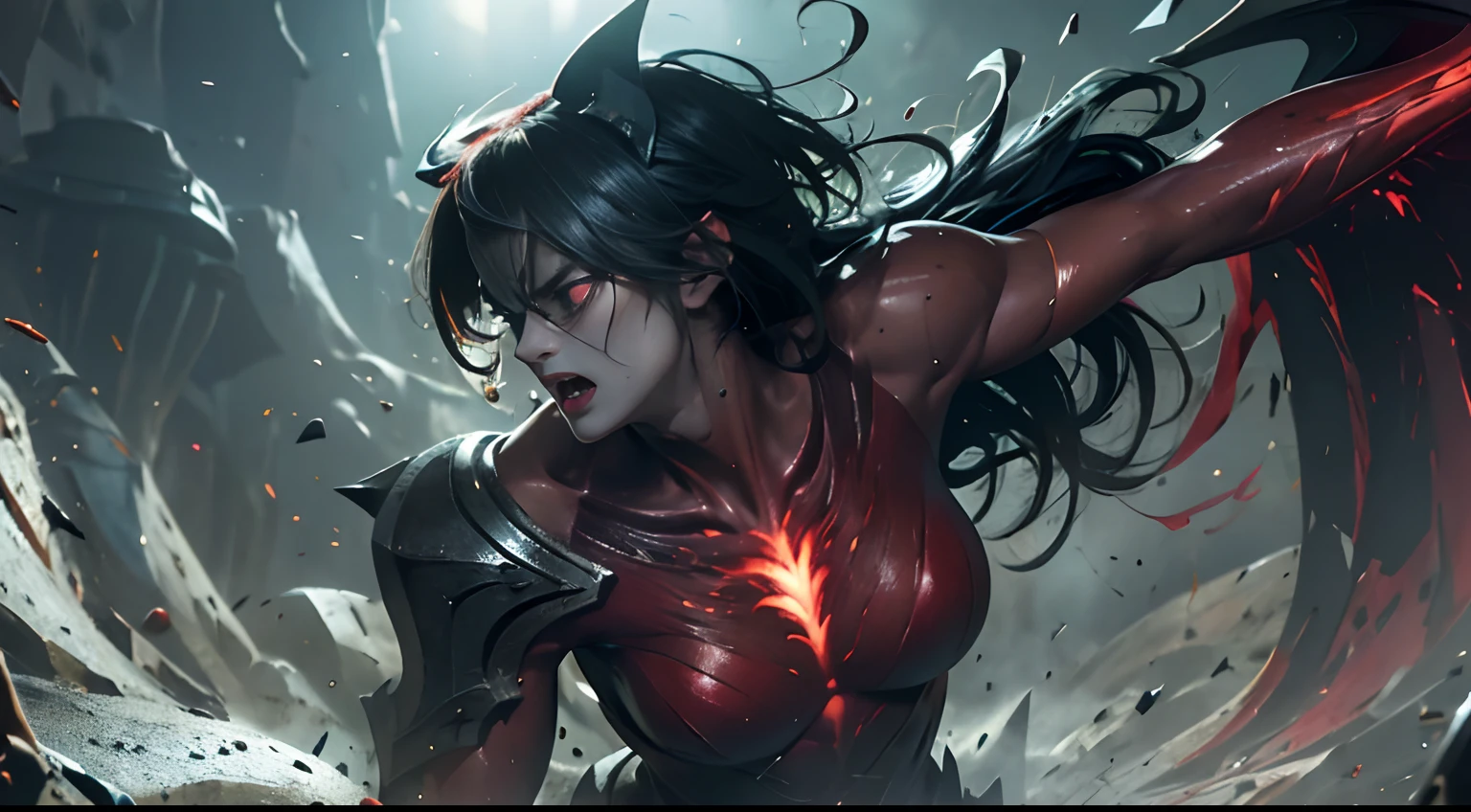 (Best Quality,4K,High resolution), Evil apotheosis，(Best Quality,4K,High resolution),Jet black hair on a black body, Body covered with hair all over the body， Deformed body,Expression distorted with anger，Sharp eye light，Red glowing eyes、Facial expression enhancement，，Changing the Appearance of a Transform，beast，Beastification，Metamorphosis、buttle，Delicate illustrations drawn in detail，Realistic skin texture expression，Realistic portrayal，Vibrant colors(Best Quality,4K,High resolution), Comical appearance，(Best Quality,4K,High resolution), 18yo woman, Red highlights on black hair, Long hair, Straight hair, Cool Woman,Majinization，Cold eyes ,sharp eye，Staring at me，comic strip，animesque，Comical illustration，busy，Deformed cute illustration，Side Camera Angle，profile、Speedy expression、Rise from the ground、Evil Fight，Brave figure、Combat stance，Dark worldview，Doomsday World、Body engulfed in flames