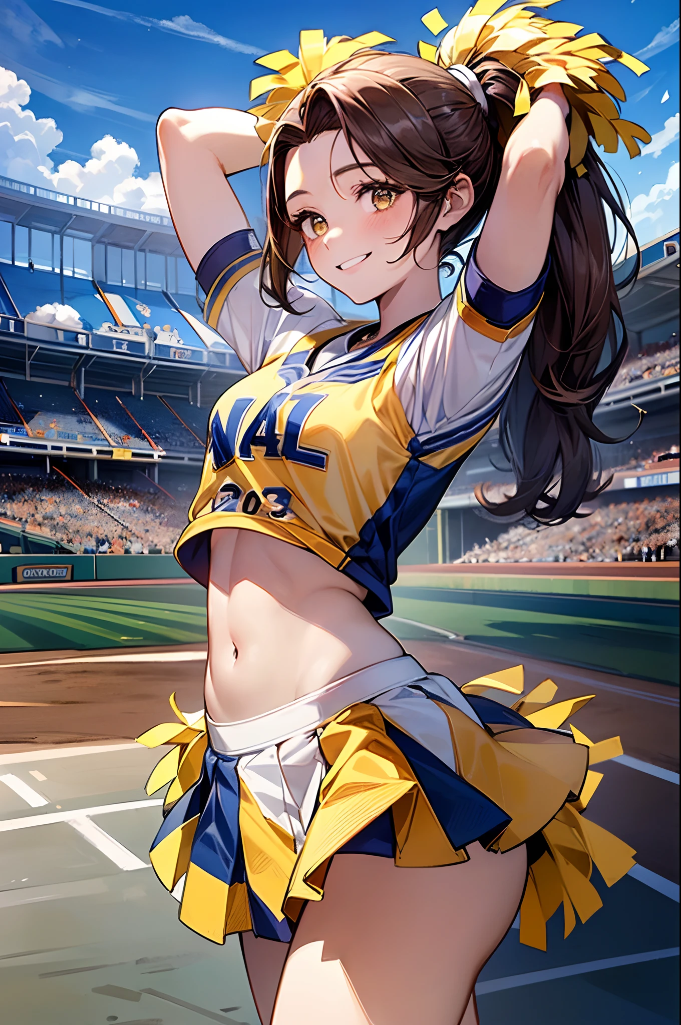 1 girl, japanese, 14 years old, white skin, medium chest, watching the view, (smile:1.5), 
beautiful detailed eyes, (middle hair:1.4, hair slicked back, ponytail:1.7), (navel:1.1), brown hair,
(yellow and navy and white current cheerleader style:1.5), sports top exposed in the center, arms up, holding orange pom poms, jumping, 
(beautiful scenery), day time, (baseball stadium:1.5), 
(8k, top-quality, masterpiece​), beautiful illustration, cowboy shot,