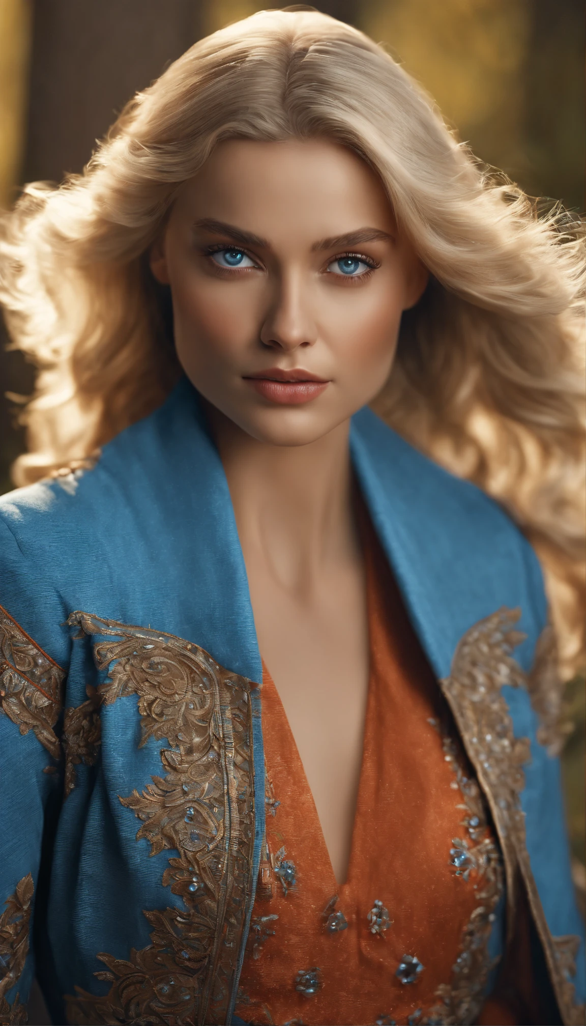 (best quality,4k,8k,highres,masterpiece:1.2),ultra-detailed,(realistic,photorealistic,photo-realistic:1.37),beautiful blonde girl with approximately human-like features,blue eyes with intricate details,detailed facial features,very long eyelashes,gorgeous lips,natural and flowing blonde hair, wearing a vibrant dress in shades of orange and crimson blue