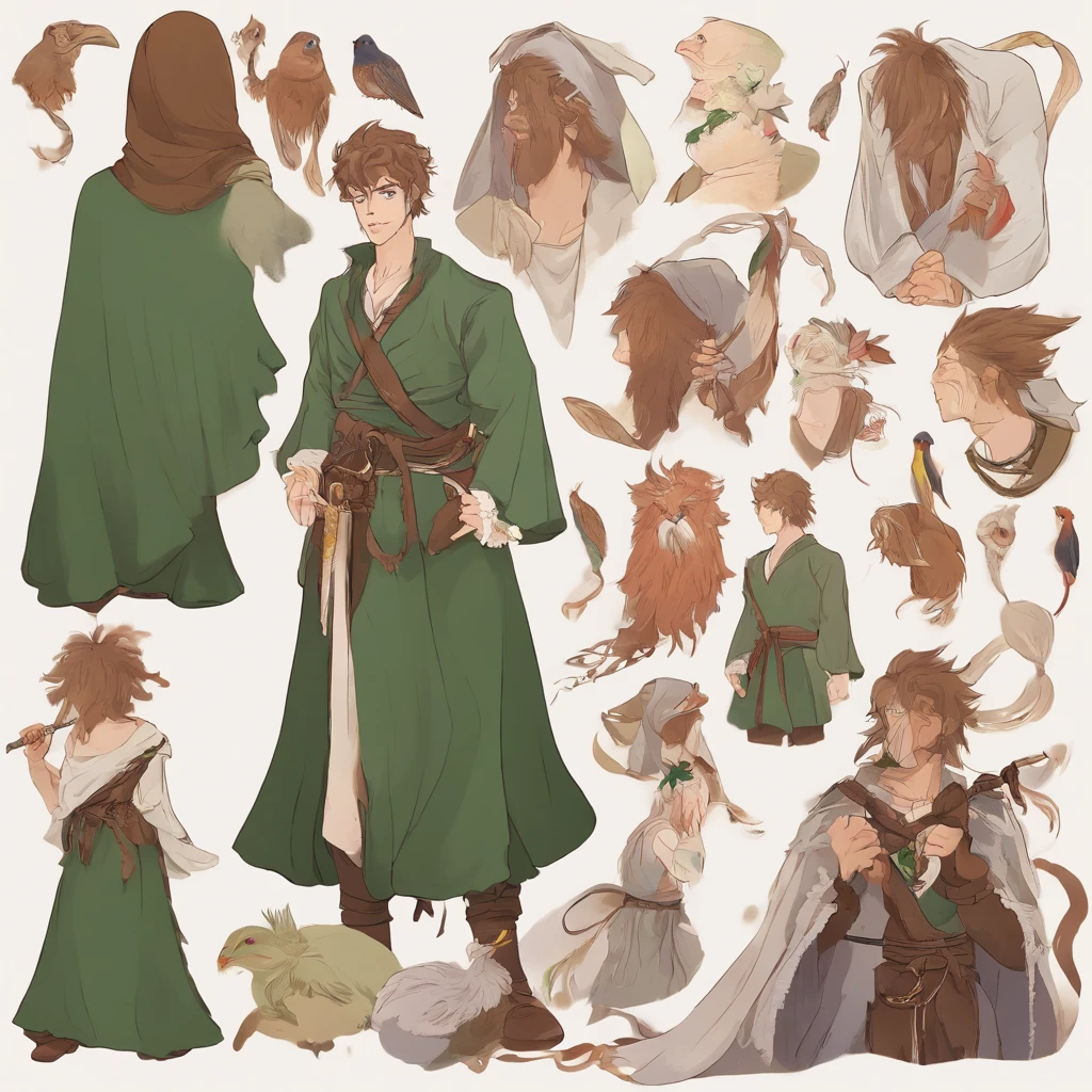 Male humans，Gray curls，Green eyes，Wear a plain robe，Wave the stick with both hands，The expression is soft，A harpist badge hangs around his neck，Talk to the birds，Stand in the dense woods，Painting style magic style，Half-body close-up，DND style