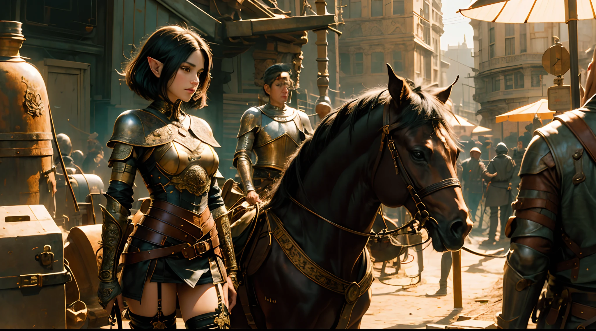 (masterpiece:1.2) (illustration:1.1) (best quality:1.2) (detailed) (intricate) (8k) (HDR) (wallpaper) (cinematic lighting) (sharp focus), (1girl), beautiful woman, petite, skinny, elf, fair skin, short black hair, leather armor, black leather, leather straps, serious face