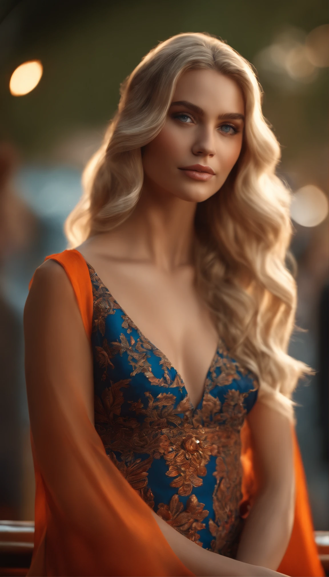 (best quality,4k,8k,highres,masterpiece:1.2),ultra-detailed,(realistic,photorealistic,photo-realistic:1.37),beautiful blonde girl with approximately human-like features,blue eyes with intricate details,detailed facial features,very long eyelashes,gorgeous lips,natural and flowing blonde hair, wearing a vibrant dress in shades of orange and crimson blue