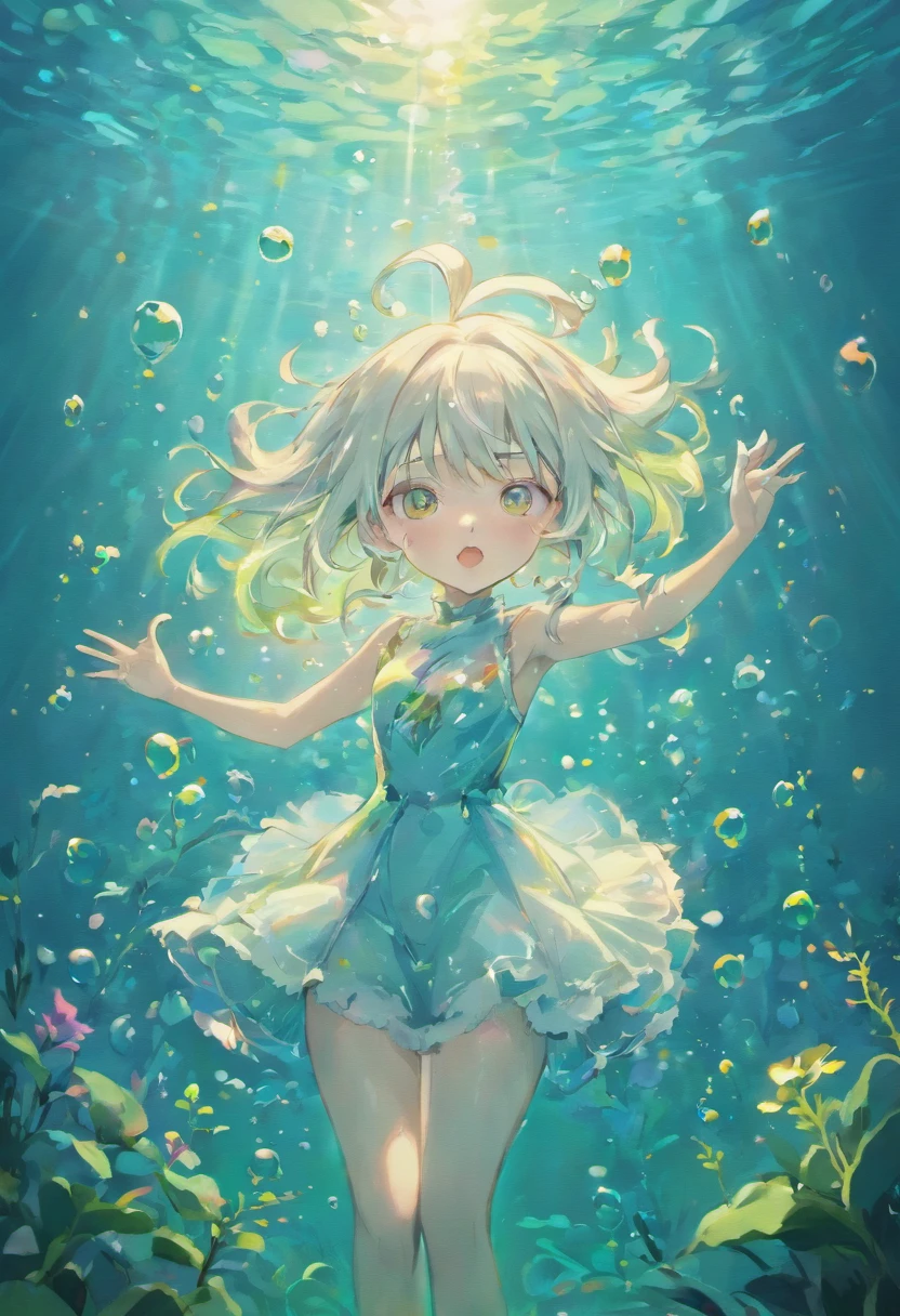 Undersea juvenile silver-haired shell house,Girl with short white hair,Flying strands of hair,Colorful bubbles,A plant,Sparkling,ocean floor,( reasonable design, Clear lines, High sharpness,Best quality, Very detailed, Masterpiece, movie light effect, 4K )