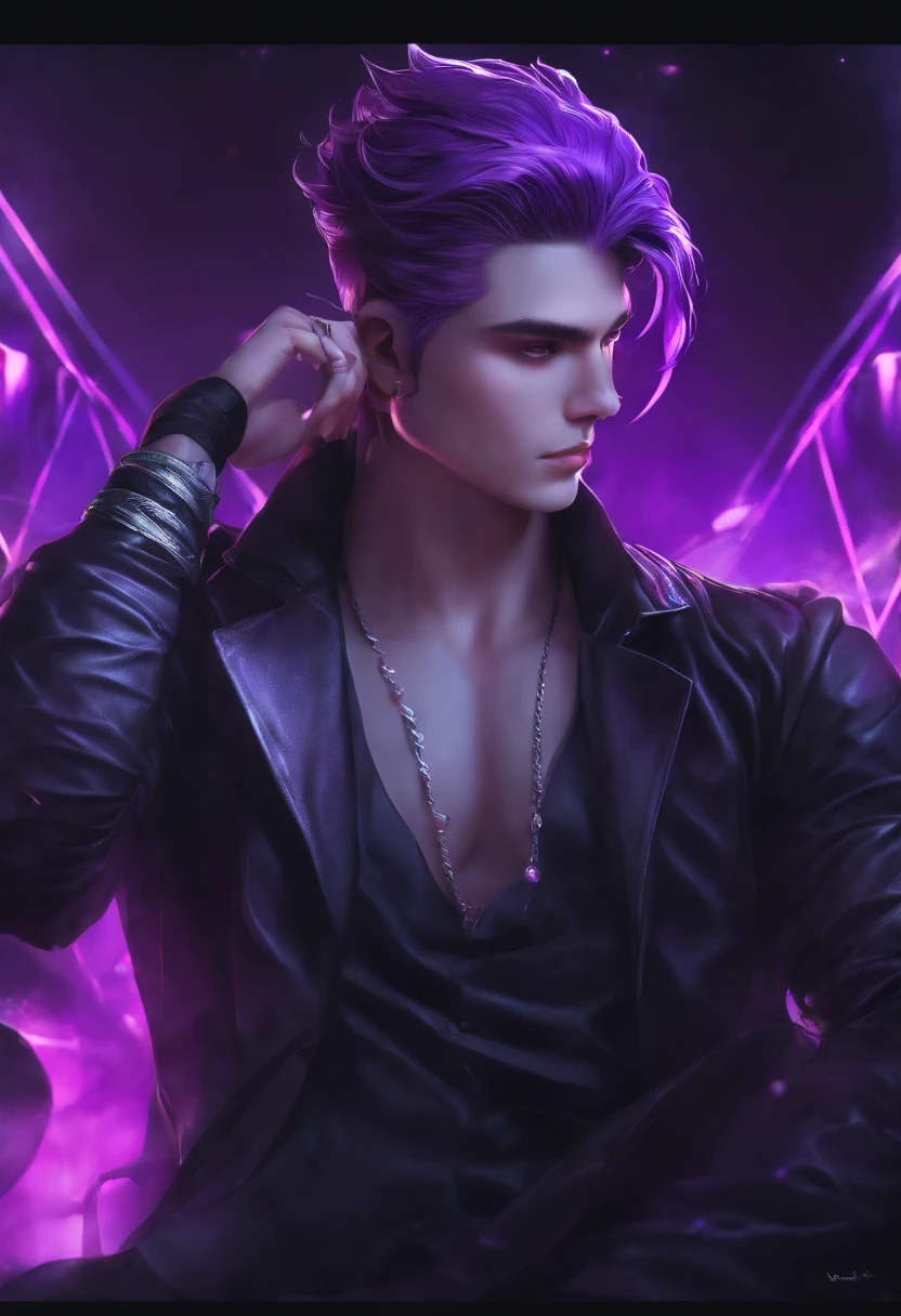 personagem masculino, cabelo roxo, roxo neon, WMASK, Tern, anime, Escuro