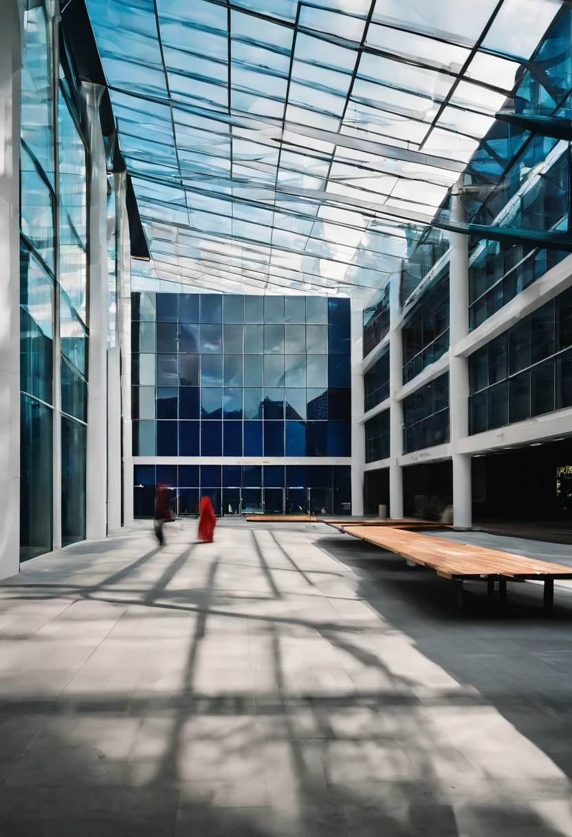 A photograph taken outside a certain tea exhibition hall,Located in Yingde City,The exhibition hall is mainly composed of the appearance of a stained glazed glass,The bluish exterior is very modern,The colors are gorgeous,Shot early in the morning,Strong light contrast, strong sense of detail, strong sense of space, including those of the exhibition hall,frontage,Top surface side,Clear 8K