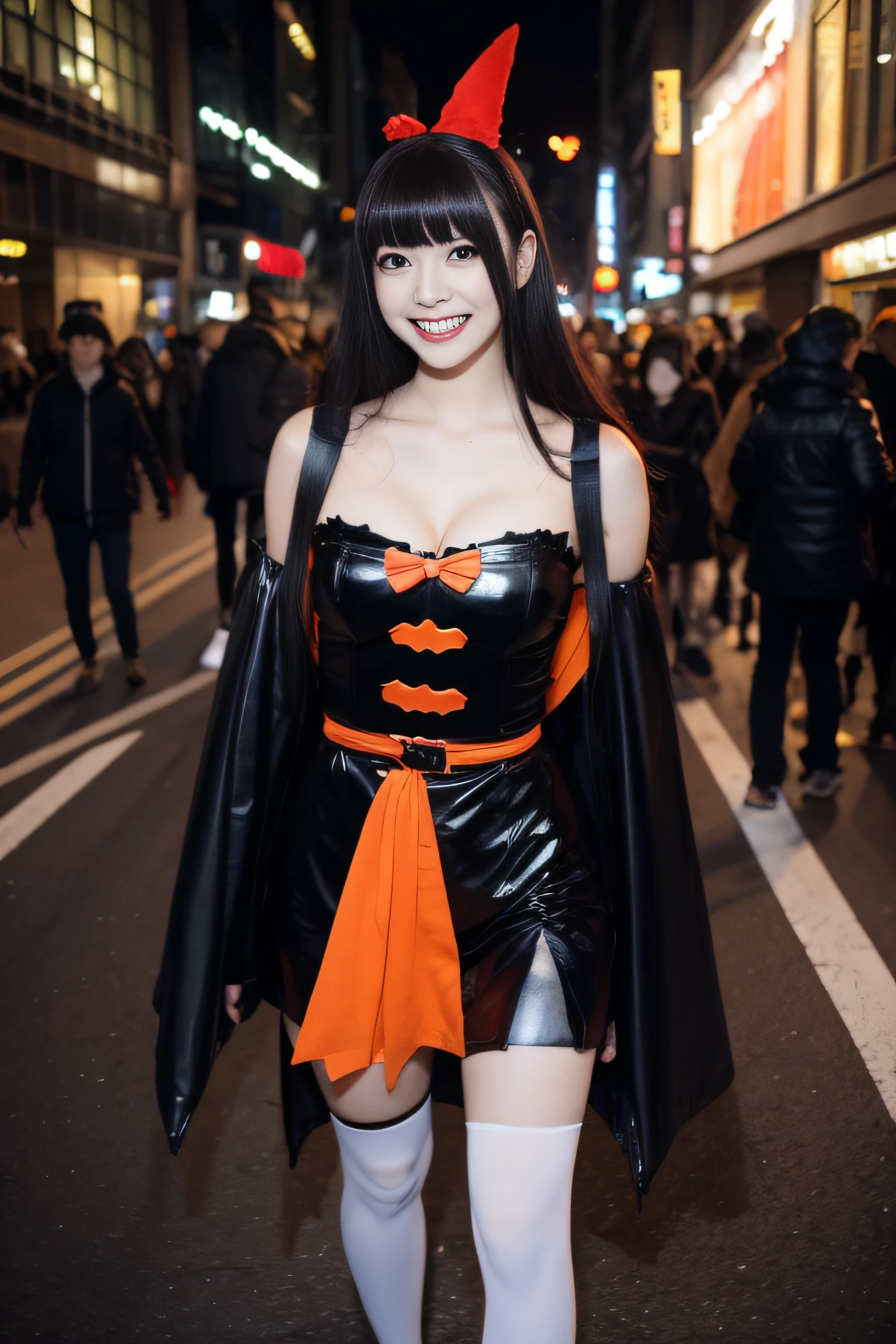 One woman is walking the streets of Shibuya in Halloween cosplay Looking at the camera and smiling