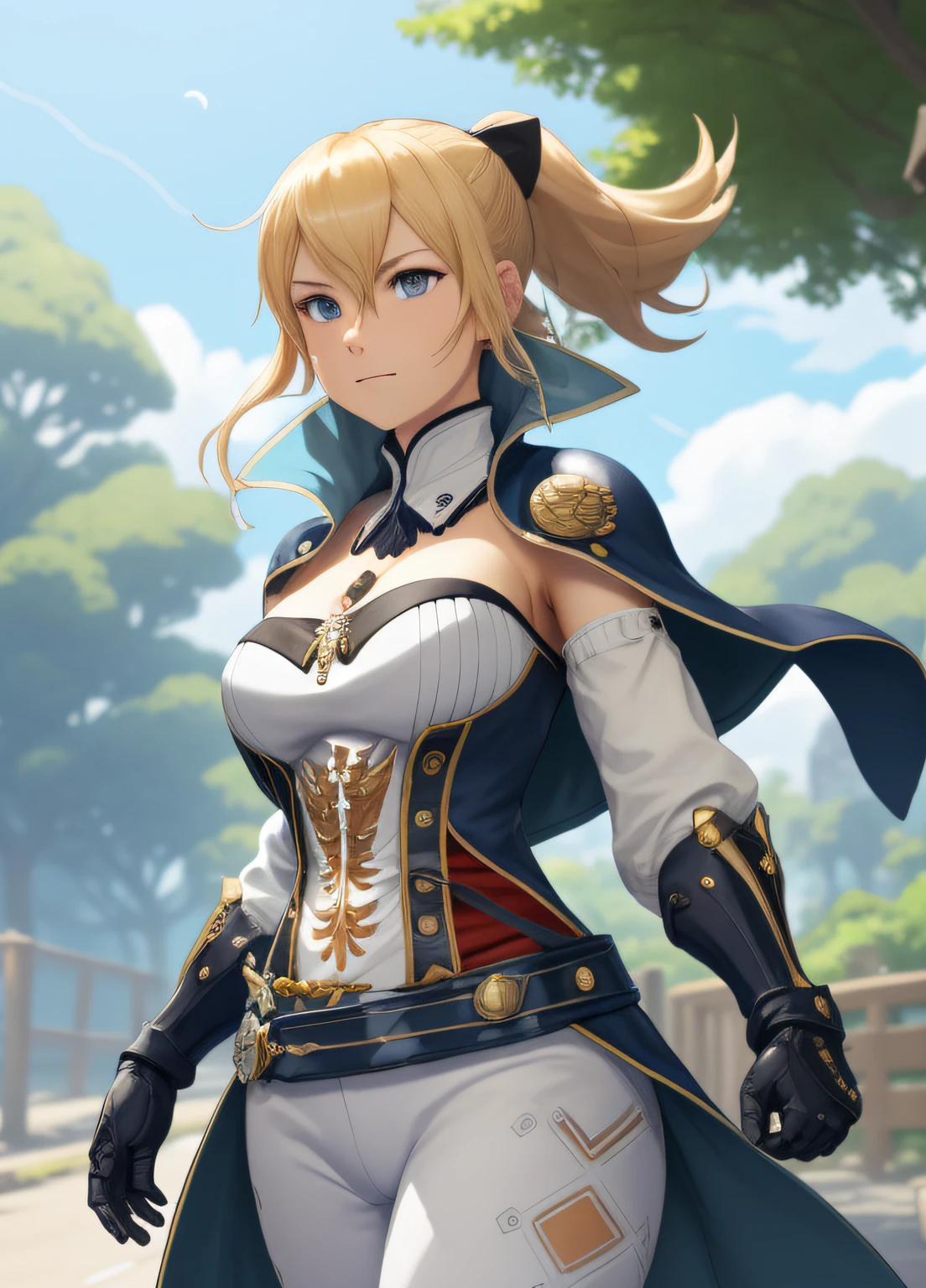 &quot;((workshop)), perfect quality, fat, bulging, full body, stunning beauty, jeanfavonian, big breasts, (high-quality anime, Makoto Shinkai), angry, standing on the street near the river next to the forest, hands on chest, looking at the viewer, without gauntlets. Short hair blowing in the wind, the background is simple and blue, and the gaze is directed downwards at a low angle, a bright lightning.