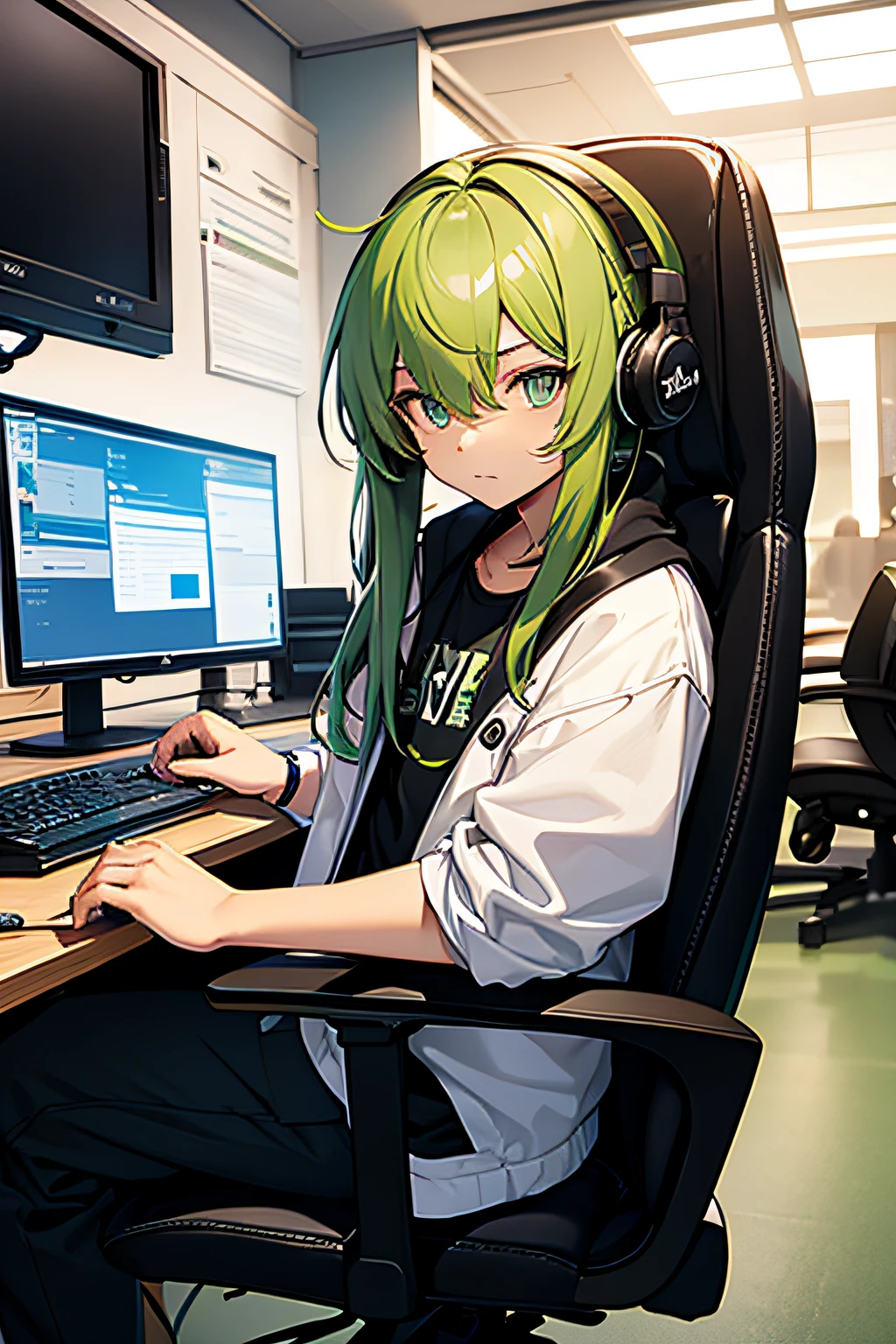 male child、long-haired green color、I'm using a computer、head phone、Gaming Chair、Internet Detail