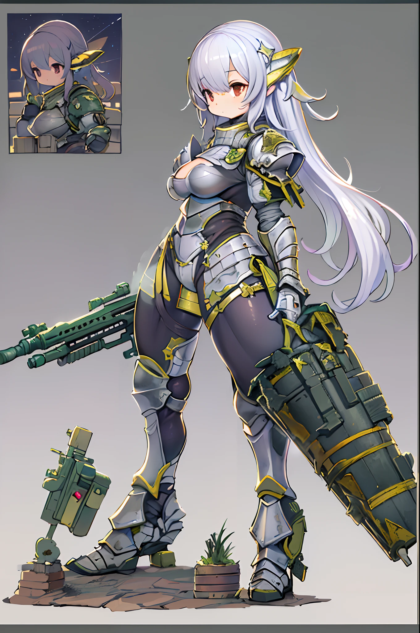 tabletopＲＰＧ、high-detail,、(（tchibi：1.2）、Fairy Sniper Night、Sniper rifle lance with a thin and long barrel、outside of house、various colors、thick arms、Thick armored cover thighs、Reinforced armored body、Slim Massive)、Incolor White、erect through,in fighting