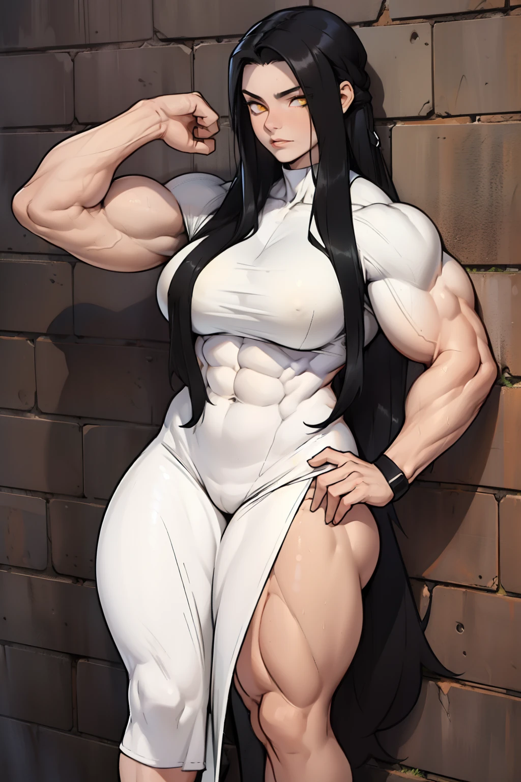 ((((((((1 girl)))))))), (((((((muscular))))))) black hair, yellow eyes, very long hair, tall, pale skin, (seductive expression), against wall