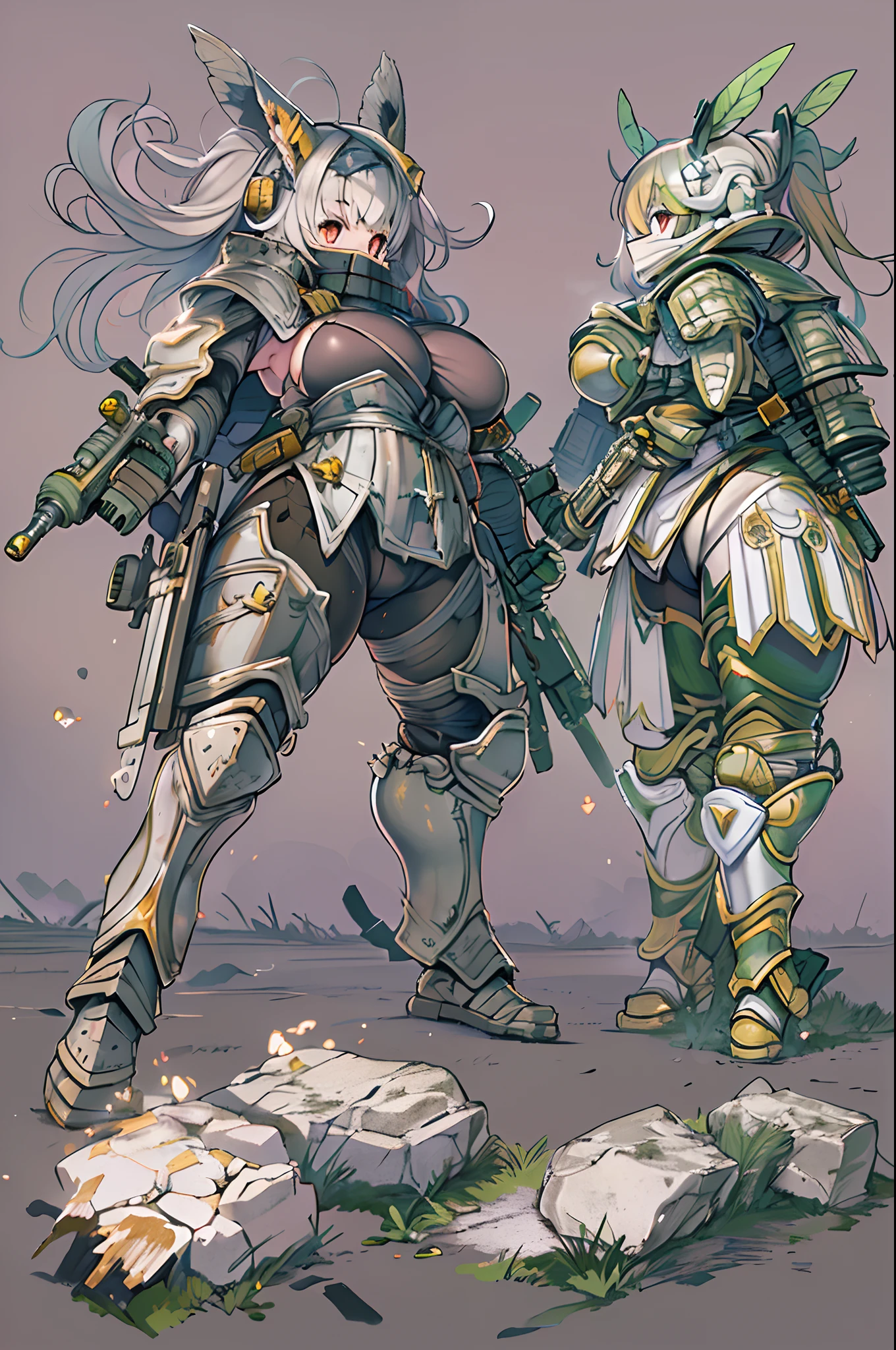 tabletopRPG、high-detail,、((tchibi:1.2)、Fairy Sniper Night、Sniper rifle lance with a thin and long barrel、outside of house、various colors、thick arms、Thick armored cover thighs、Reinforced armored body、Slim Massive)、Incolor White、erect through,in fighting