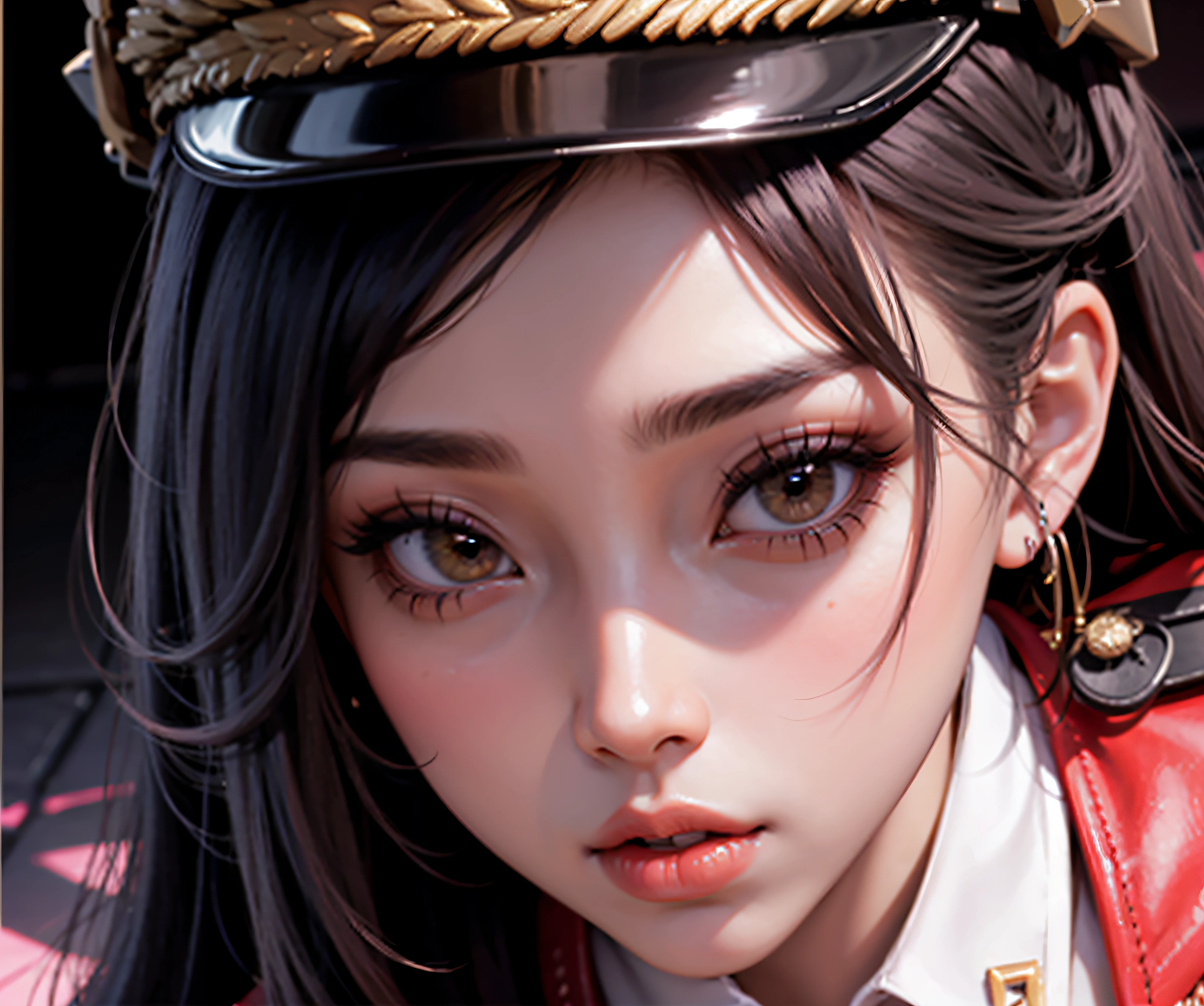 1 girlirl, Beautiful and realistic Cardi B as a semi-Asian mestizo, Half of League of Legends Spanish Prestige KDA comes entirely from Achri,Ultra HD, 8K quality, A girl, Very long hair, Detailed eyes, Frontal capture, Wearing a military cap,Military uniform temptation,Reclining on the sofa,Black sofa,Red military uniform,Bright red tones