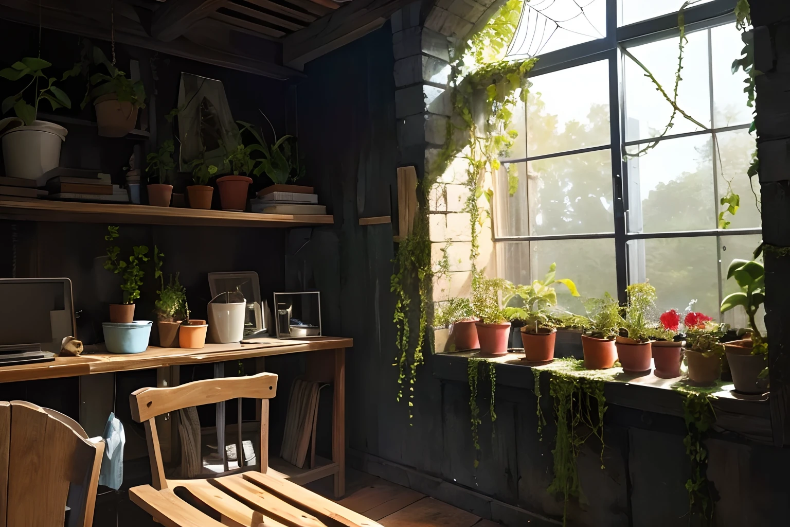 Inside the shabby room,The broken idol closes his eyes and weeps,ssee-through,No characters,Dark,Dark,spiderwebs,Plants climb up the wall,It was night outside the window