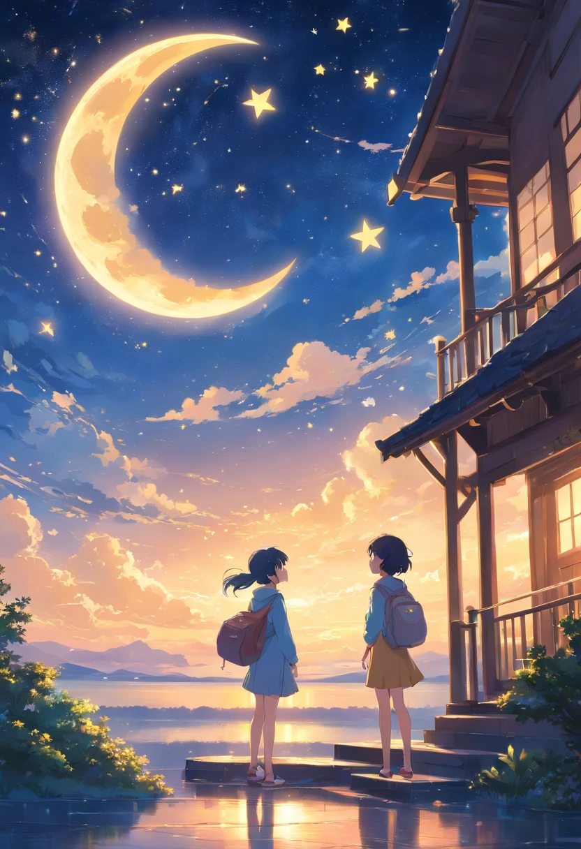 Starry night sky with crescent moon and stars in the sky, Detailed fairytale landscape, Dreamy and detailed, A Dreamy Night, The theme of the stars and the moon, Celestial space, Dreamy art, Stars and paisley filled the sky, Baroque painting. a starry sky, Cosmic starry sky, The Moon and the Stars, The Moon and the Stars, painting of a dreamscape, luna, Shining with golden light, magical background