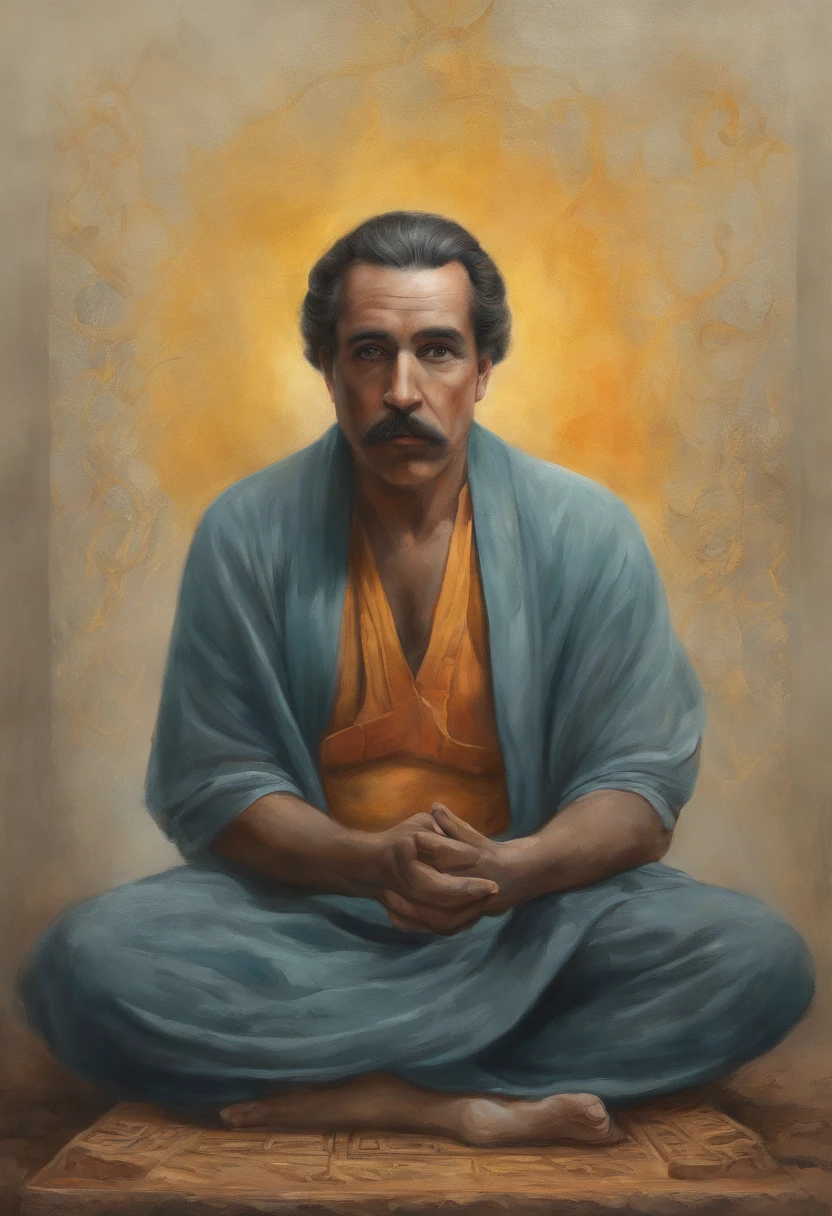 homem maduro, sitting in a meditation position, diante de um orisonte lindo, com o sol se pondo, in connection with the divine, foto de retrato, Directed by: Drew Tucker, Directed by: Adam Marczyński, Directed by: Alexander Kucharsky, Directed by: Gavin Nolan, Surrealismo 8K, Directed by: Jason Felix, Yuri Shwedoff e Tom Bagshaw, arte ilustrativa, Estilo Erik Johansson