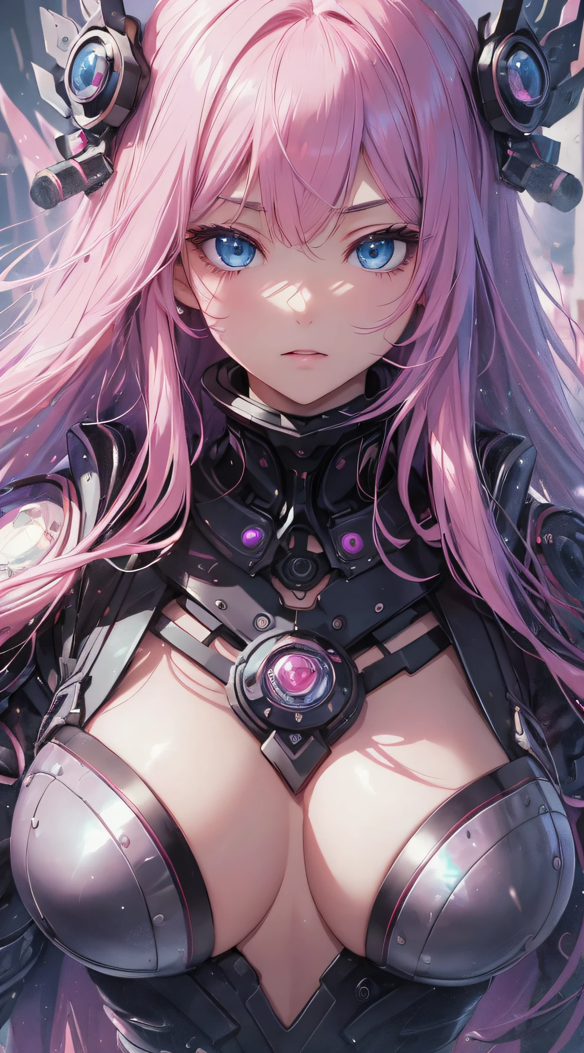 top-quality、Top image quality、masterpiece、girl with((18year old、cyborgs、System Dynamics、Metallic body、Best Bust、Medium bust、Long pink hair、Light blue eyes、deadpan、Breasts wide open,The wind blows from behind、Dark look))hiquality、Beautiful Art、Background with(Distorted universe)),masutepiece、Elaborate design、visualart、depth of fields、The best lighting、highestdetailed、low angles