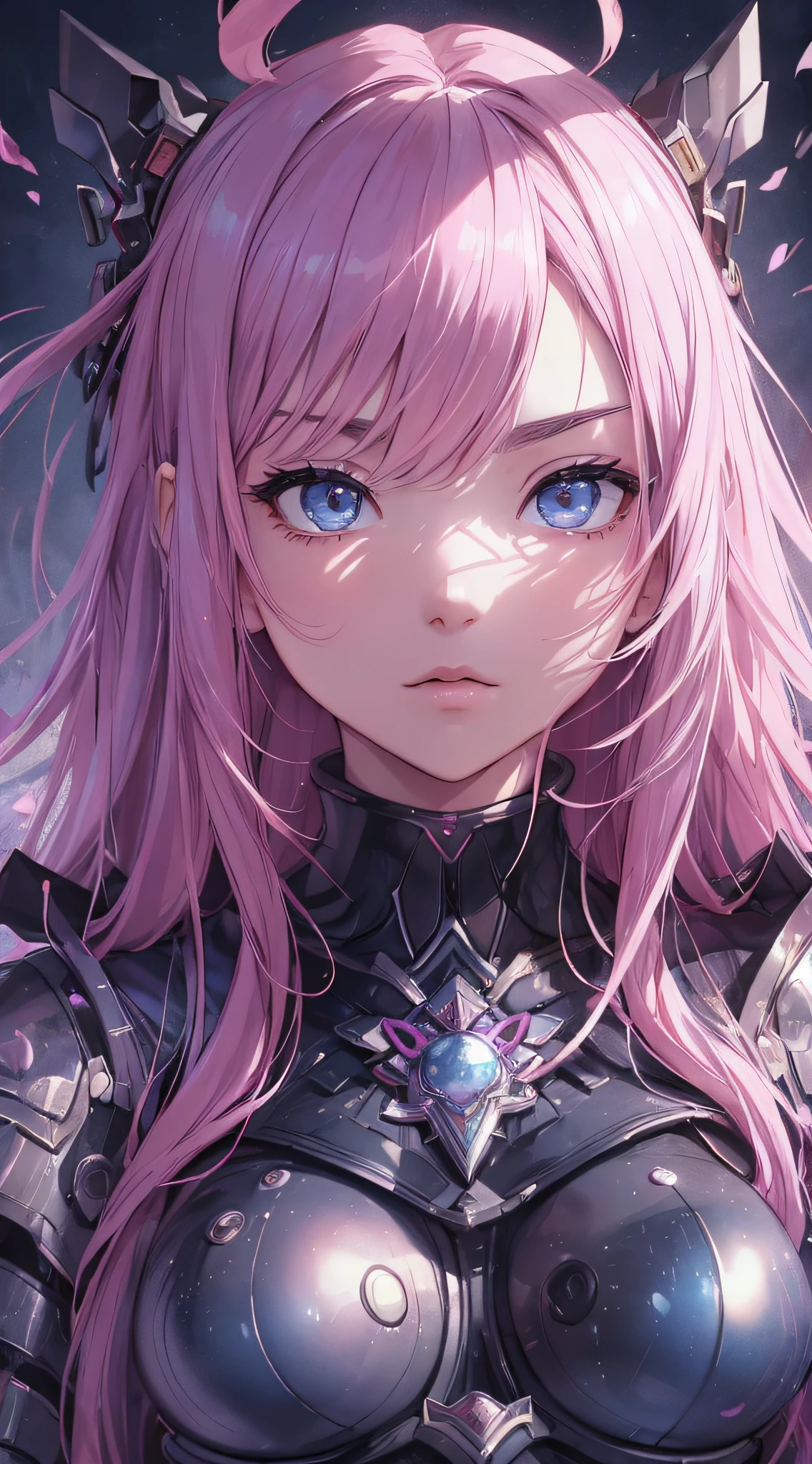 top-quality、Top image quality、masterpiece、girl with((18year old、cyborgs、System Dynamics、Metallic body、Best Bust、Medium bust、Long pink hair、Light blue eyes、deadpan、Breasts wide open,The wind blows from behind、Dark look))hiquality、Beautiful Art、Background with(Distorted universe)),masutepiece、Elaborate design、visualart、depth of fields、The best lighting、highestdetailed、low angles