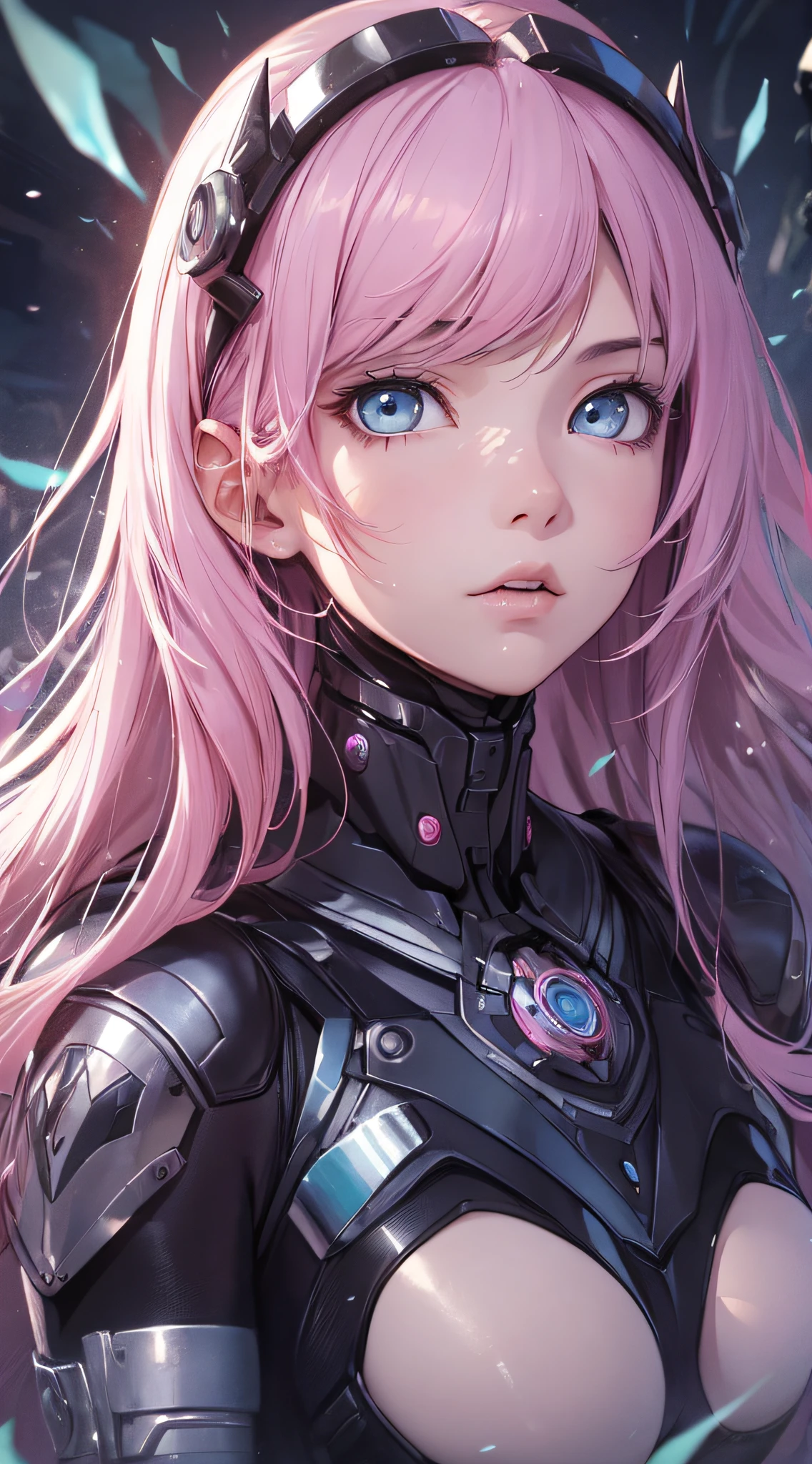 top-quality、Top image quality、masterpiece、girl with((18year old、cyborgs、System Dynamics、Metallic body、Best Bust、Medium bust、Long pink hair、Light blue eyes、deadpan、Breasts wide open,The wind blows from behind、Dark look))hiquality、Beautiful Art、Background with(Distorted universe)),masutepiece、Elaborate design、visualart、depth of fields、The best lighting、highestdetailed、low angles