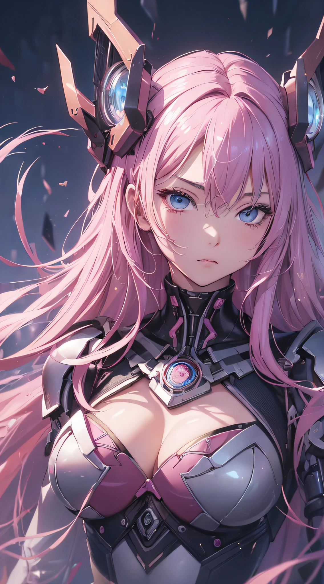 top-quality、Top image quality、​masterpiece、girl with((18year old、cyborgs、System Dynamics、Metallic body、Best Bust、Medium bust、Long pink hair、Light blue eyes、deadpan、Breasts wide open,The wind blows from behind、Dark look)）hiquality、Beautiful Art、Background with(Distorted universe)),masutepiece、Elaborate design、visualart、depth of fields、The best lighting、highestdetailed、low angles