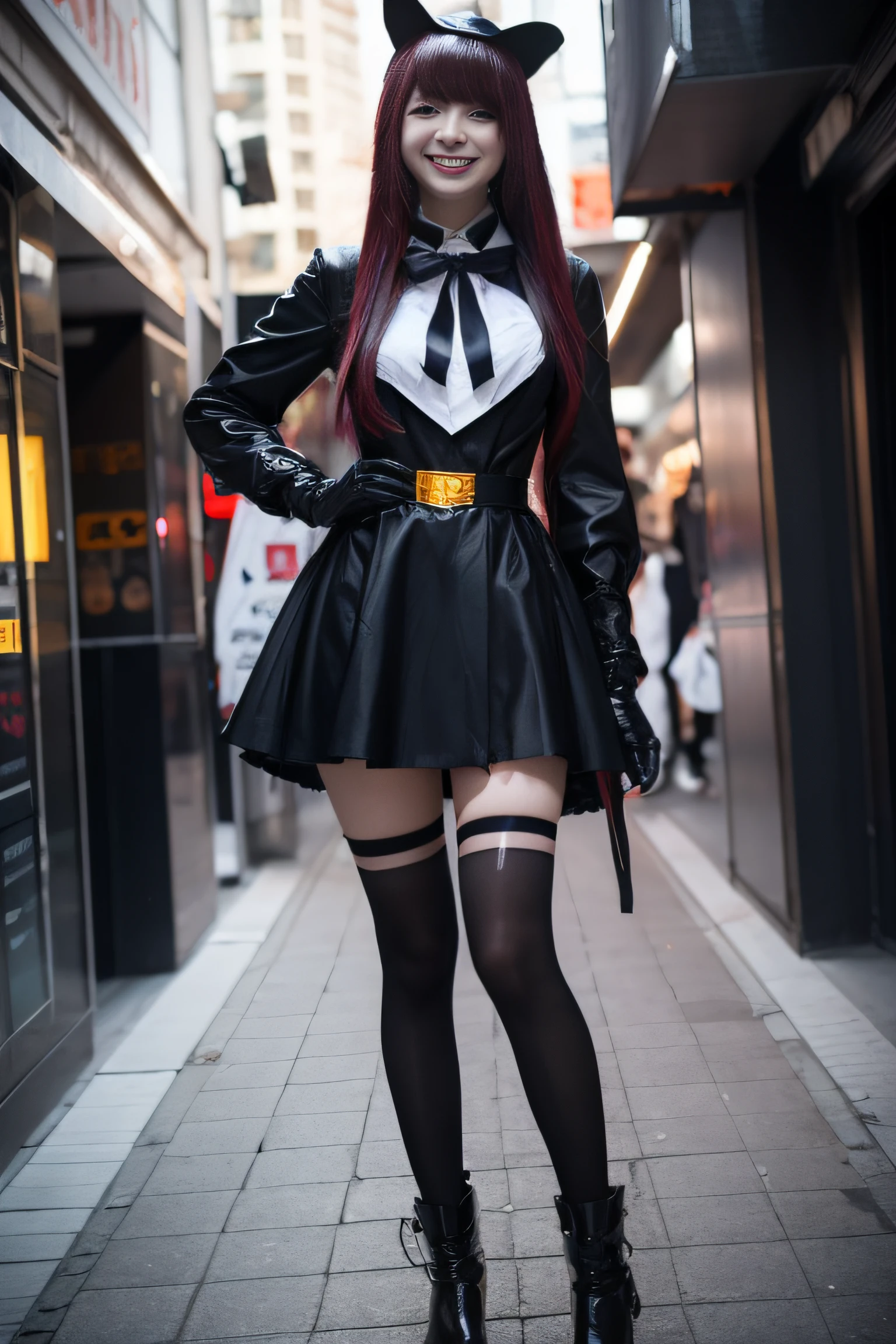 One woman is walking the streets of Shibuya in Halloween cosplay Looking at the camera and smiling