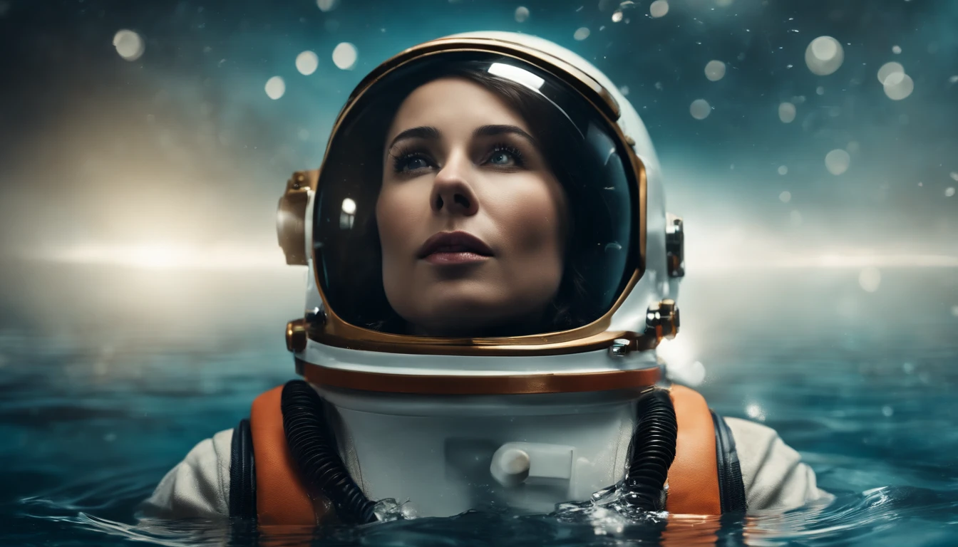 a picture、(Photorealsitic:1.4)、(hyper realisitic:1.4)、(Cinematic:1.5)、Astronaut submerged in water、air bubble、Rays from above、float、