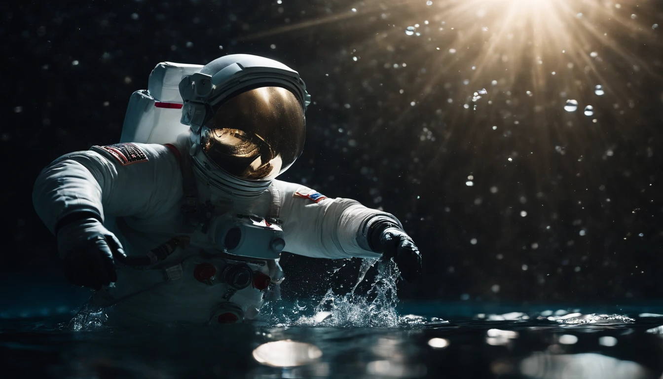 a picture、(Photorealsitic:1.4)、(hyper realisitic:1.4)、(Cinematic:1.5)、Astronaut submerged in water、air bubble、Rays from above、float、