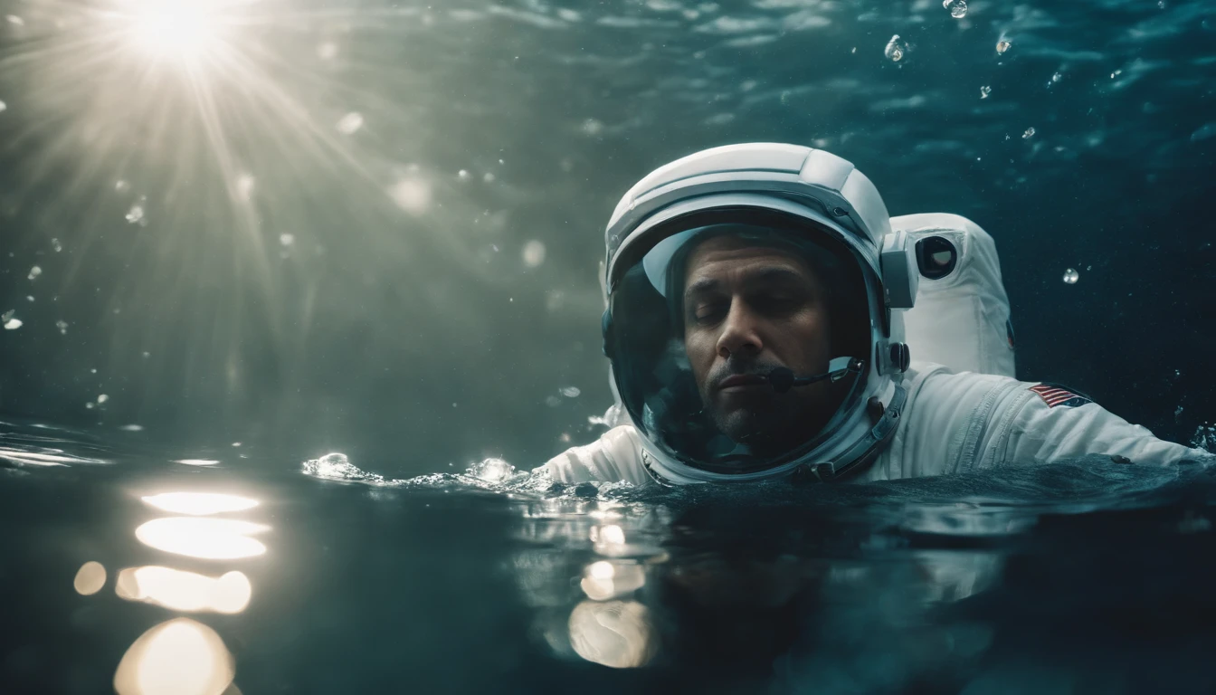 a picture、(Photorealsitic:1.4)、(hyper realisitic:1.4)、(Cinematic:1.5)、Astronaut submerged in water、air bubble、Rays from above、float、