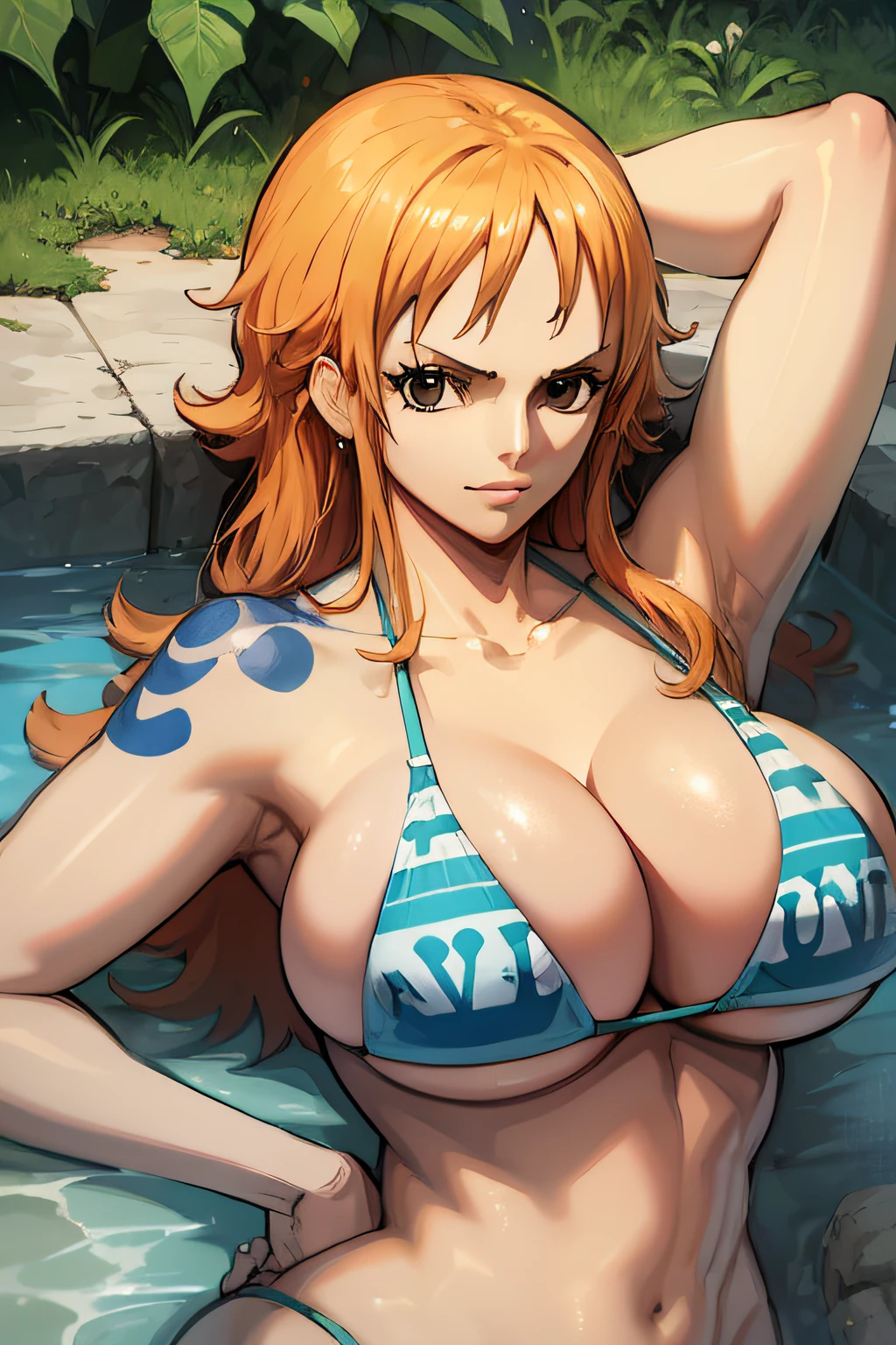 nami \(one piece\), orange hair, blue eyes, blue bikini, huge breast