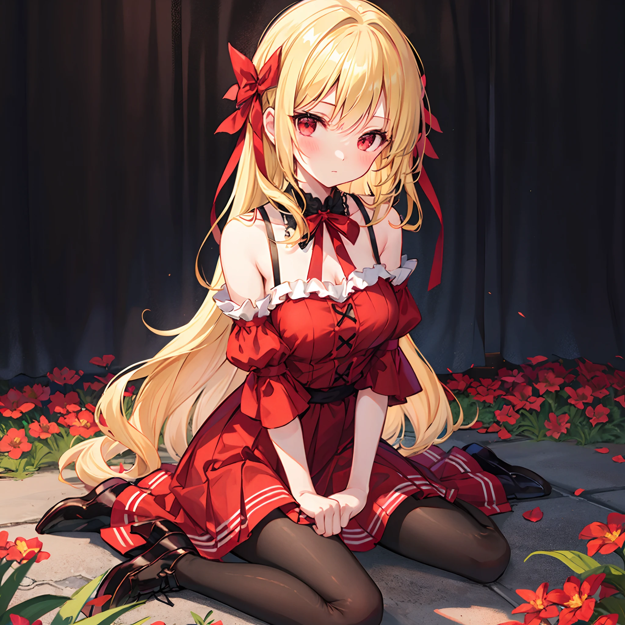 Anime girl sitting on the ground with a red dress and black stockings ...