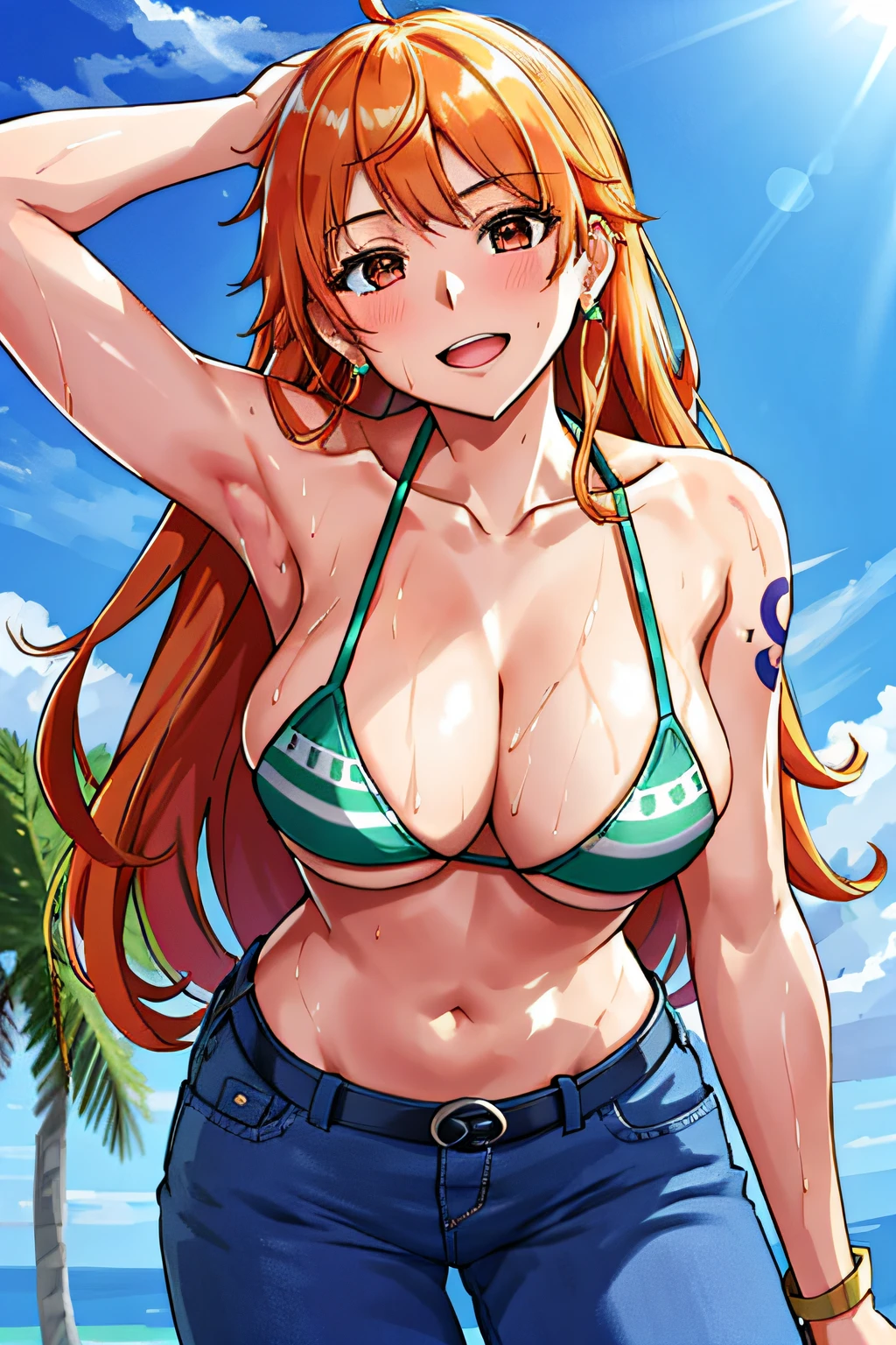 detailed background, masterpiece, 4k, best quality, late youth, adult, wrestler body, 1girl, active, energic, uppercut, (large mouth) , solo, nami \(one piece\), 1girl, bangle, (very wet, drenched in sweat, sweat all over body, very wet hair, tired, taking breath, open mouth, hand on stomach, sweaty face, sweaty body, panting, sweating too much, shiny sweat, sweat stains, leaning forward, tilting, hands on knees, waving good bye), perfect detailed face, bold drawing lines, muscular arms, detailed bold arm lines, flat jaw, adult woman, wavy wide streaked bangs, floating bang streaks, (big cheeks), bare shoulders, off-shoulders, belt, bikini, bikini top only, blue sky, bracelet, springy breasts, breast lines, big round eyes, plain big brown shiny eyes, bubbles, high eye position, cleavage, cloud, day, denim, earrings, floating hair, shiny hair, green belt, green bikini, bold groin lines, jeans, jewelry, large breasts, log pose, long hair, looking at viewer, navel, wet hair, orange hair, pants, shoulder tattoo, sidelocks, sky, solo, standing, stomach, swimsuit, tattoo , looking at viewer, open mouth, detailed left arm, big forehead, hourglass figure, small head, toned body, wide hair, wind effect, sun effect, under the sun, narrow small ears angle, older, random poses,