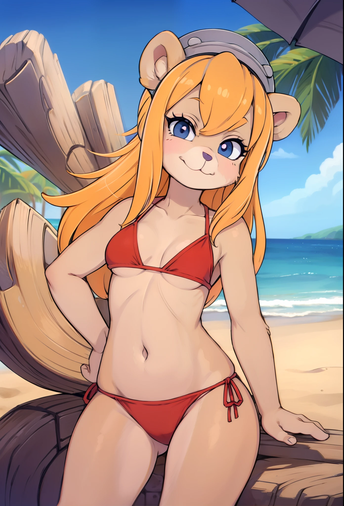 ursa_barbic, gummi_bears, bear, female, short stack, blonde hair, medium breasts, red bikini, helmet, looking_at_viewer, happy, narrowed eyes, masterpiece, best quality, beach, clear sky, :3, sassy face, anime style, detailed body fur, detailed face, detailed eyes, glistering body, shiny body, skinny,