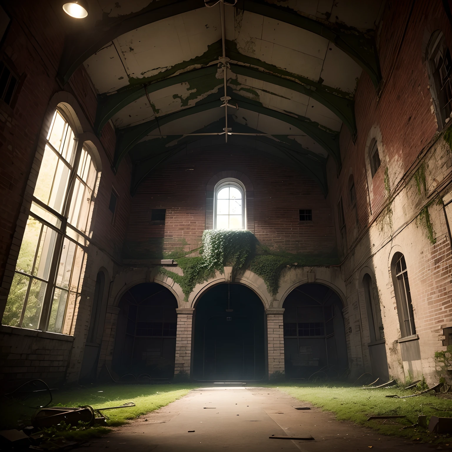 Old gym consumed by ivy, night, creepy