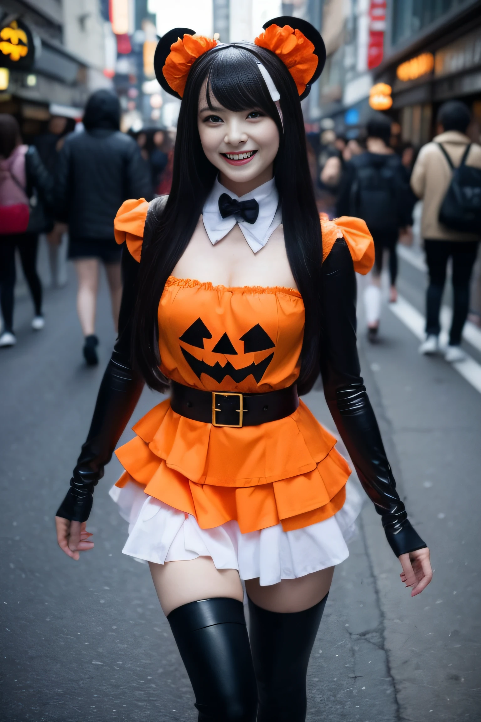 One woman is walking the streets of Shibuya in Halloween cosplay Looking at the camera and smiling