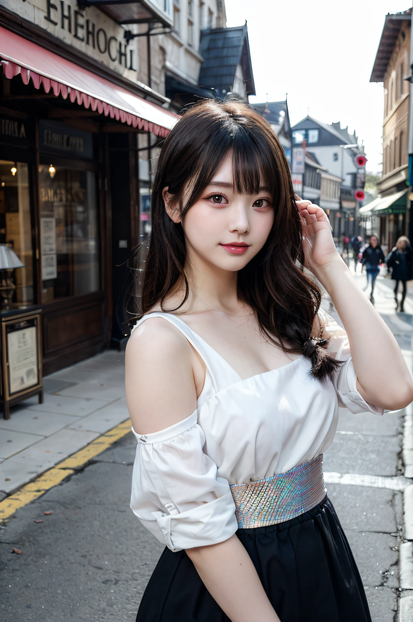 (skin blemish:1.2), (skindentation), black eye, 1woman, 25yo, (((woman))), solo, realistic, best quality, photorealistic, masterpiece, 8k, high res, solo, extremely detailed face, (professional lighting, bokeh), (light particles, lens flare, glowing particles:0.6), (dynamic pose:1.2), soft lighting, top angle view, fashionable and trendy atmosphere, japan, street, tokyo, city, ((daytime)), sky, ((looking at the viewer:1)), (looking at the camera),(portrait:0.6), cowboy shot, gorgeous, standing, keep original facial proportion, wide shoulder, full body, (small breast), (medium hair), brown hair, floating hair, lips, lipstick, seductive smile, floating hair, smile, open_mouth, teeth, (white blouse), (jumper skirt), eyelashes, mole, (mole under eye:1), <lora:yoshiokaR:0.8>