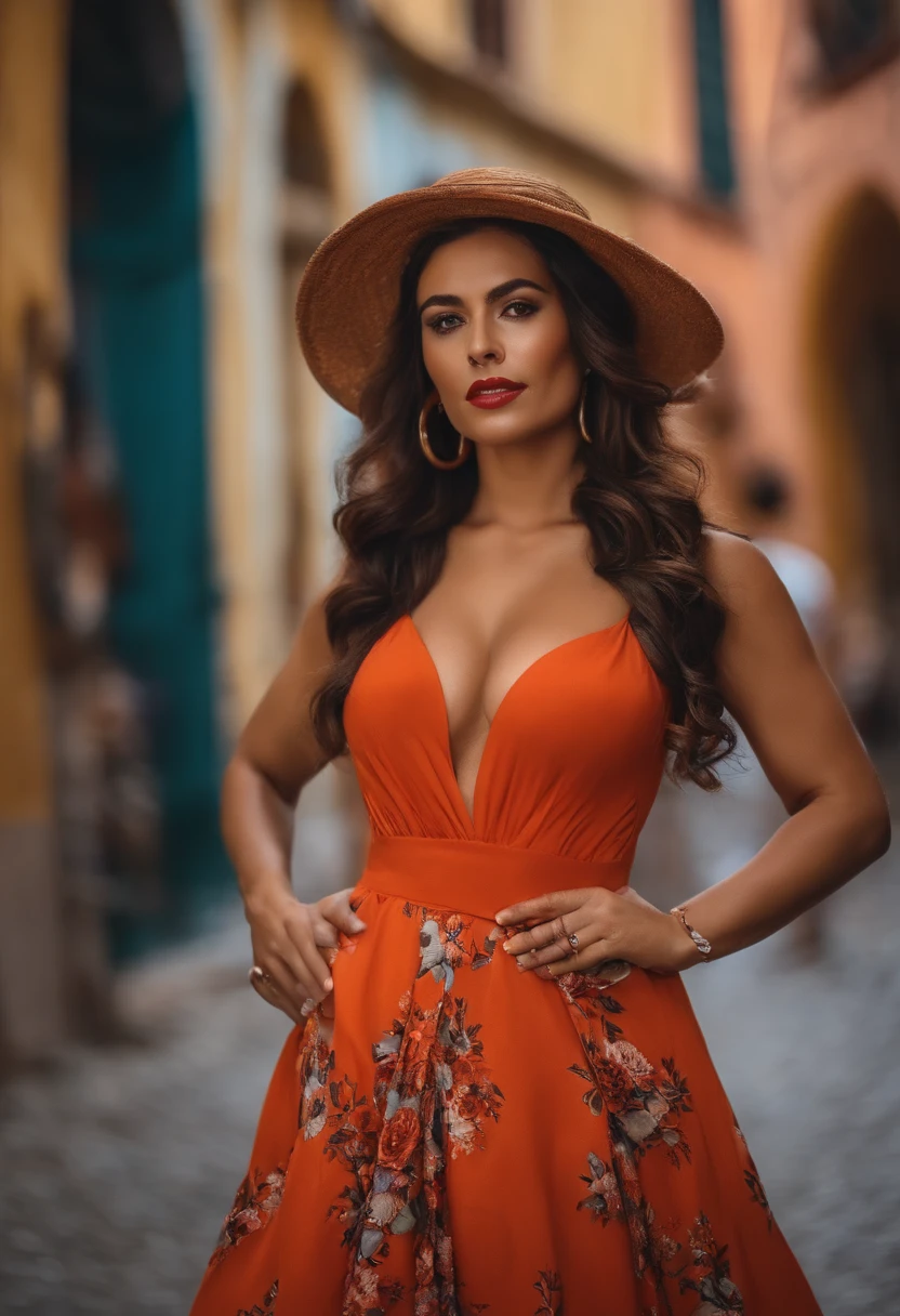 Em vestidos paquistaneses tradicionais, pose sedutora, standing in street, usando blusa nexk profunda, Hands on boobs, mostrando clivagem