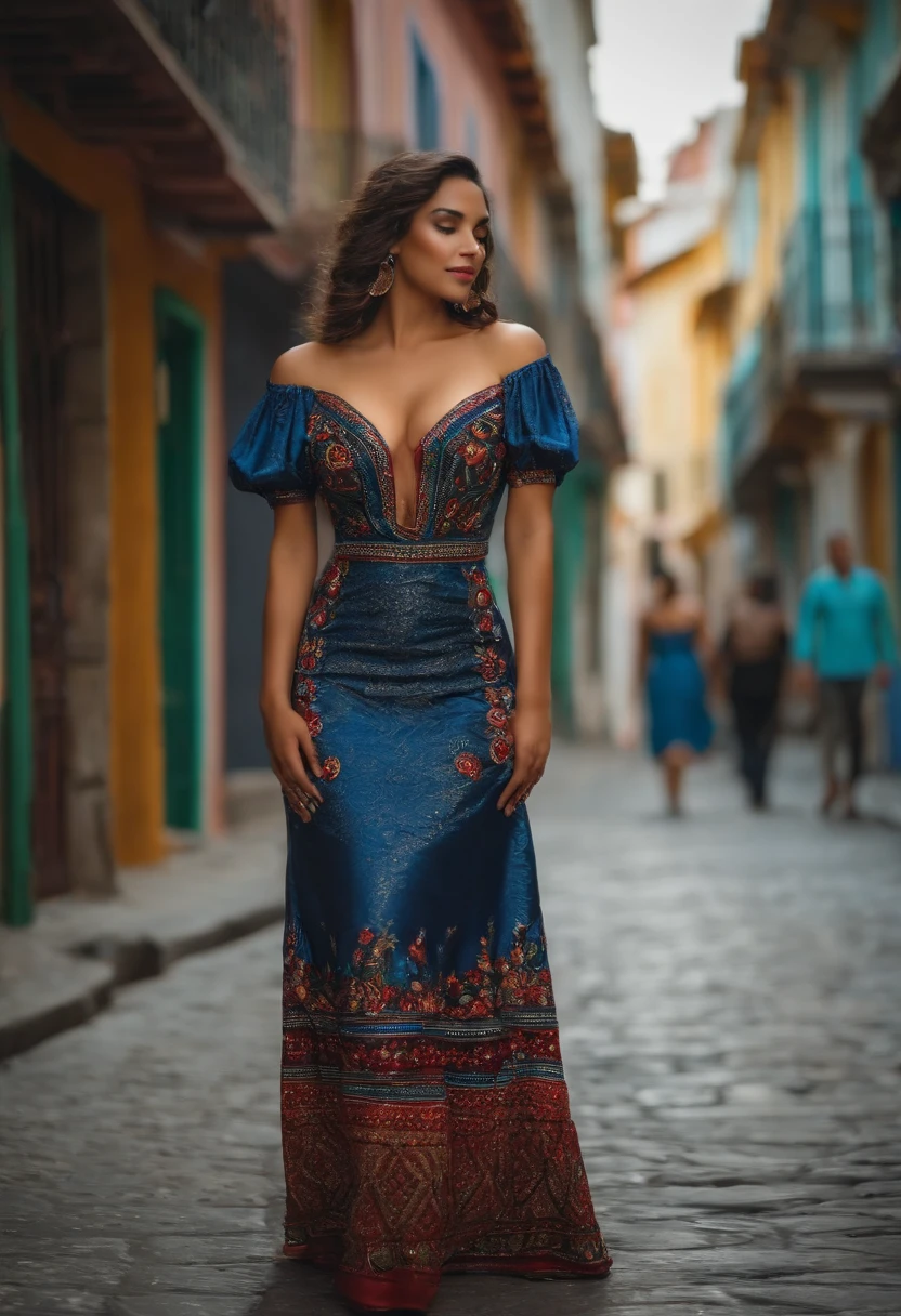Em vestidos paquistaneses tradicionais, pose sedutora, standing in street, usando blusa nexk profunda, Hands on boobs, mostrando clivagem