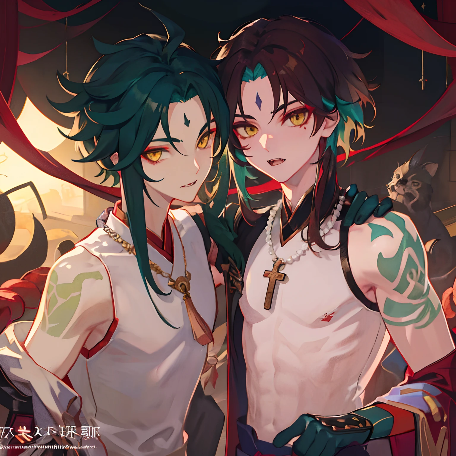 1boy,dark green hair,best quality,masterpiece,extremley,yellow eyes,male focus,beautiful eyes,Xiao (genshin impact), 1 boy, bones necklace, animal fangs necklace, arm tatoo, dark red hair, Chinese clothes, green eyes, male focus, red mark on forehead, no shirt, a red string runs from the shoulder to the chest,look at you with half an eye, smirked, put his hand to his mouth to signal silence, glove, stare at you, looking straight, make ''be quiet" signal, cover mouth by finger, looking at you, inside, red rope cover nipples, red rope cross breast