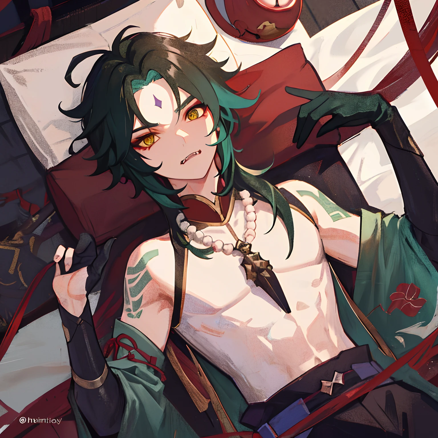 1boy,dark green hair,best quality,masterpiece,extremley,yellow eyes,male focus,beautiful eyes,Xiao (genshin impact), 1 boy, bones necklace, animal fangs necklace, arm tatoo, dark red hair, Chinese clothes, green eyes, male focus, red mark on forehead, no shirt, a red string runs from the shoulder to the chest,look at you with half an eye, smirked, put his hand to his mouth to signal silence, glove, stare at you, looking straight, make ''be quiet" signal, cover mouth by finger, looking at you, inside, red rope cover nipples, red rope cross breast, spread pussy, spread legs, pussy pov
