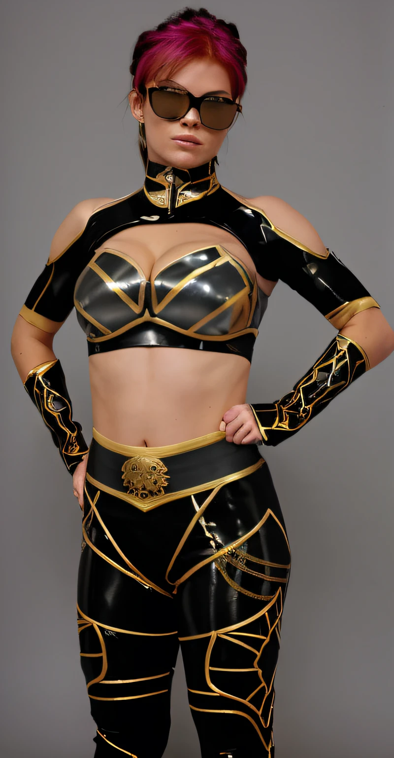 Un gros plan d'une femme rousse avec des cheveux courts portant des lunettes de luxe en tenue de catch noir et or, gilded black uniform, Tenue de guerrier, American professional wrestler, Gold leather outfit, hyper detailed, detailed body