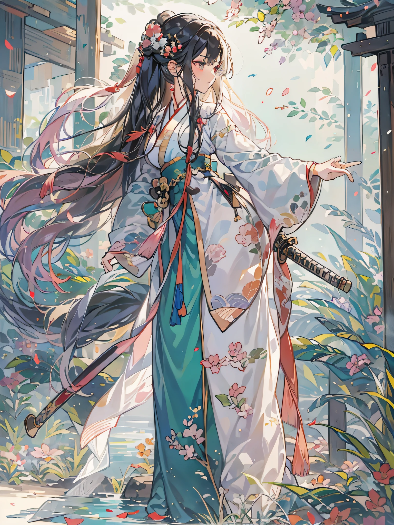 a girl, full body, long hair, hanfu dress, having sword
