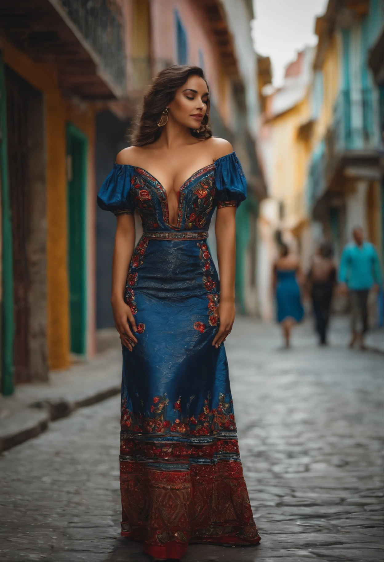 Em vestidos paquistaneses tradicionais, pose sedutora, standing in street, usando blusa nexk profunda, Hands on boobs, mostrando clivagem
