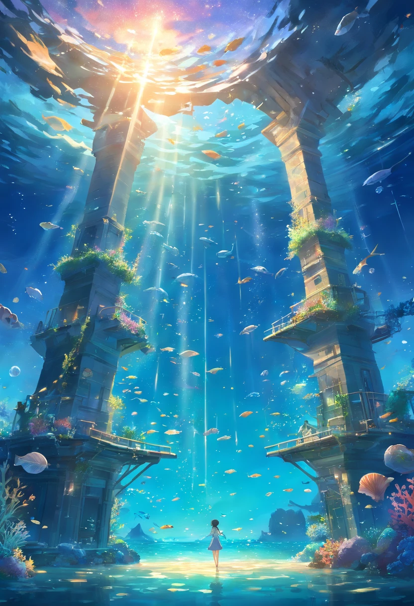 Without people, Side and top view, View 3/4, A fabulous underwater world of constellations, the night, Painting depicting an underwater castle with seashells in the ocean with fish and corals, Jellyfish glow, Underwater world with fish, Jellyfish and corals, A huge floating castle, Very detailed, based on Pushkin's fairy tales, Beautiful detailed fantasy, Fantasy seascape, Water is everywhere, water magic, Beautiful glow
