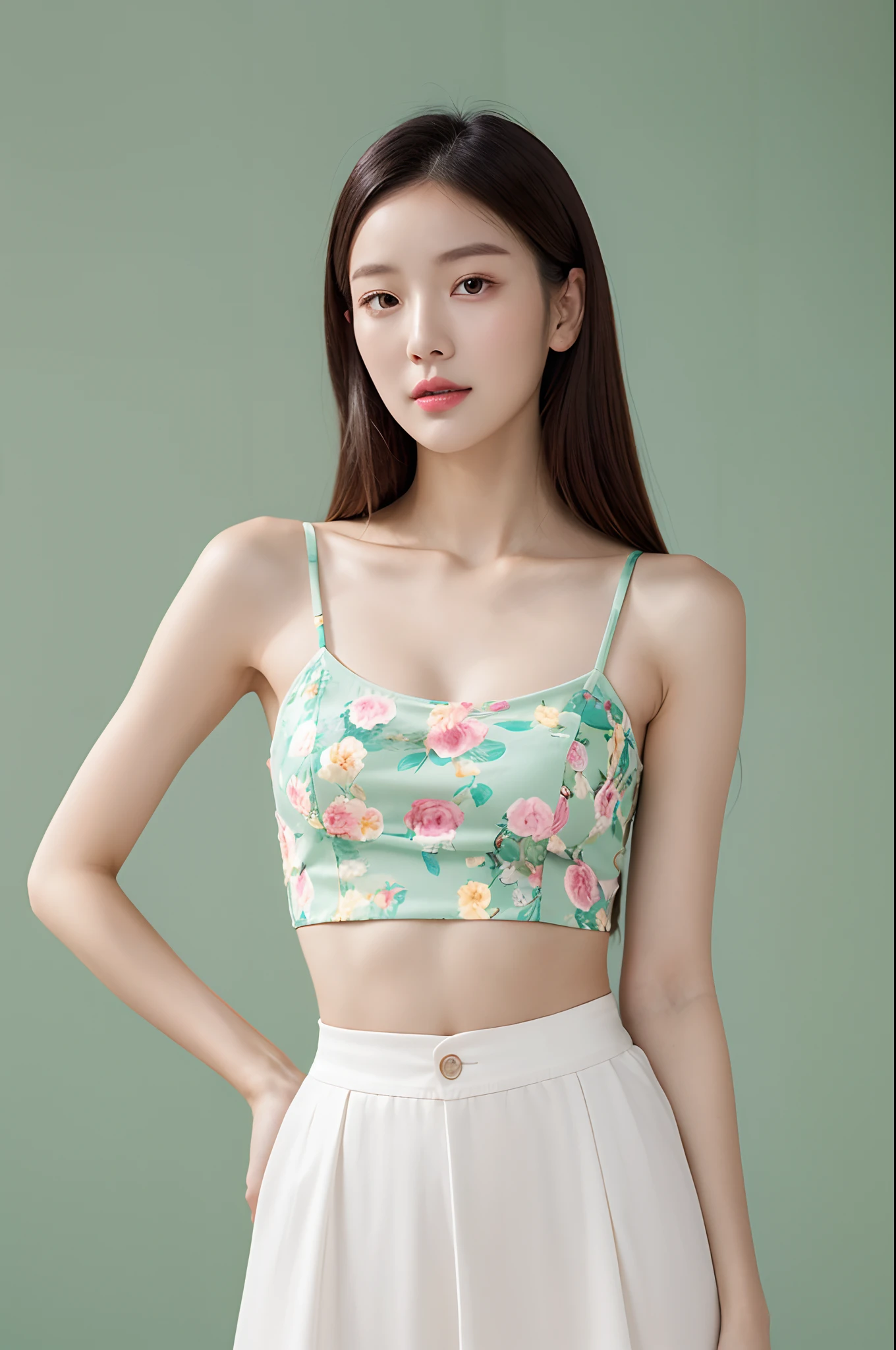 a woman in a floral crop top and mint skirt posing for a picture, croptop, crop top, bralette, wearing white camisole, bae suzy, wearing a camisole, physical : tinyest midriff ever, gorgeous young korean woman, heonhwa choe, cutecore, lulu chen, reluvy5213, light yellow hair