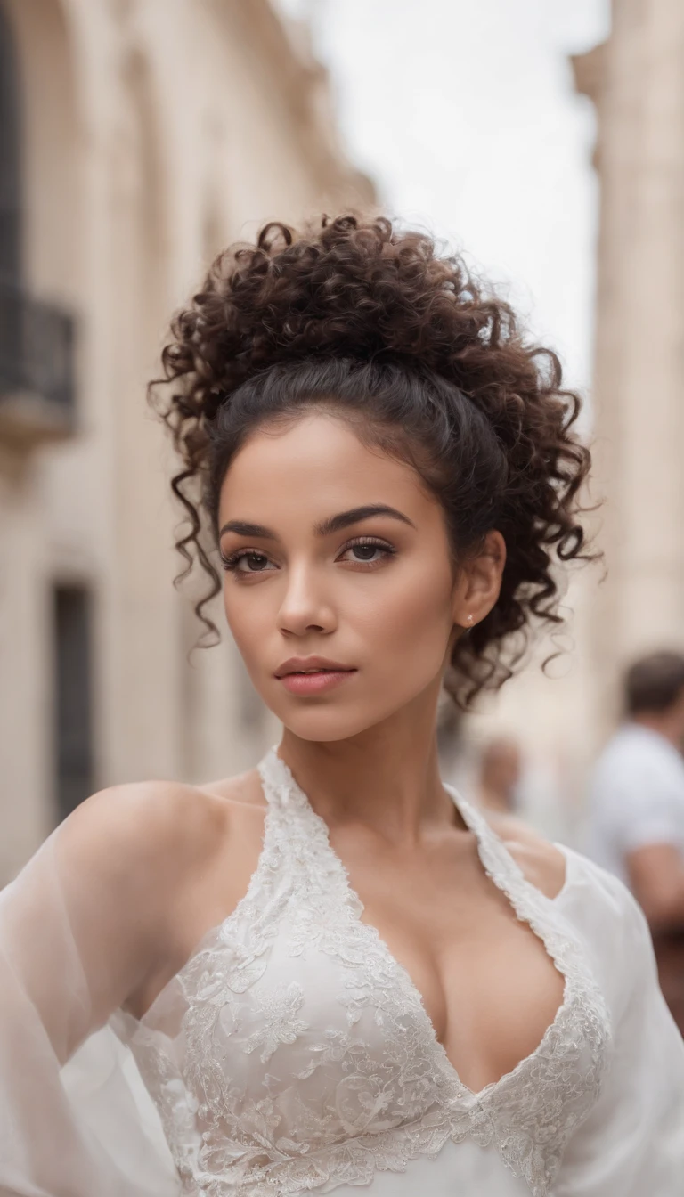 A beautiful and amazing black Brazilian woman,Portrait du haut du corps,27 ans , Boucles gratuites, black curly hair, (Sombre, Courte, curly hair), Long curly long wild black hair, Multiversales Cheveux, Brazilian, Short, curly black hair, black curly hair, attirer, wavy hair spread out, Boucles baroques, attirer, curly, Helles, curly hair, Cheveux, curlyer Pony full body photo in white downtown